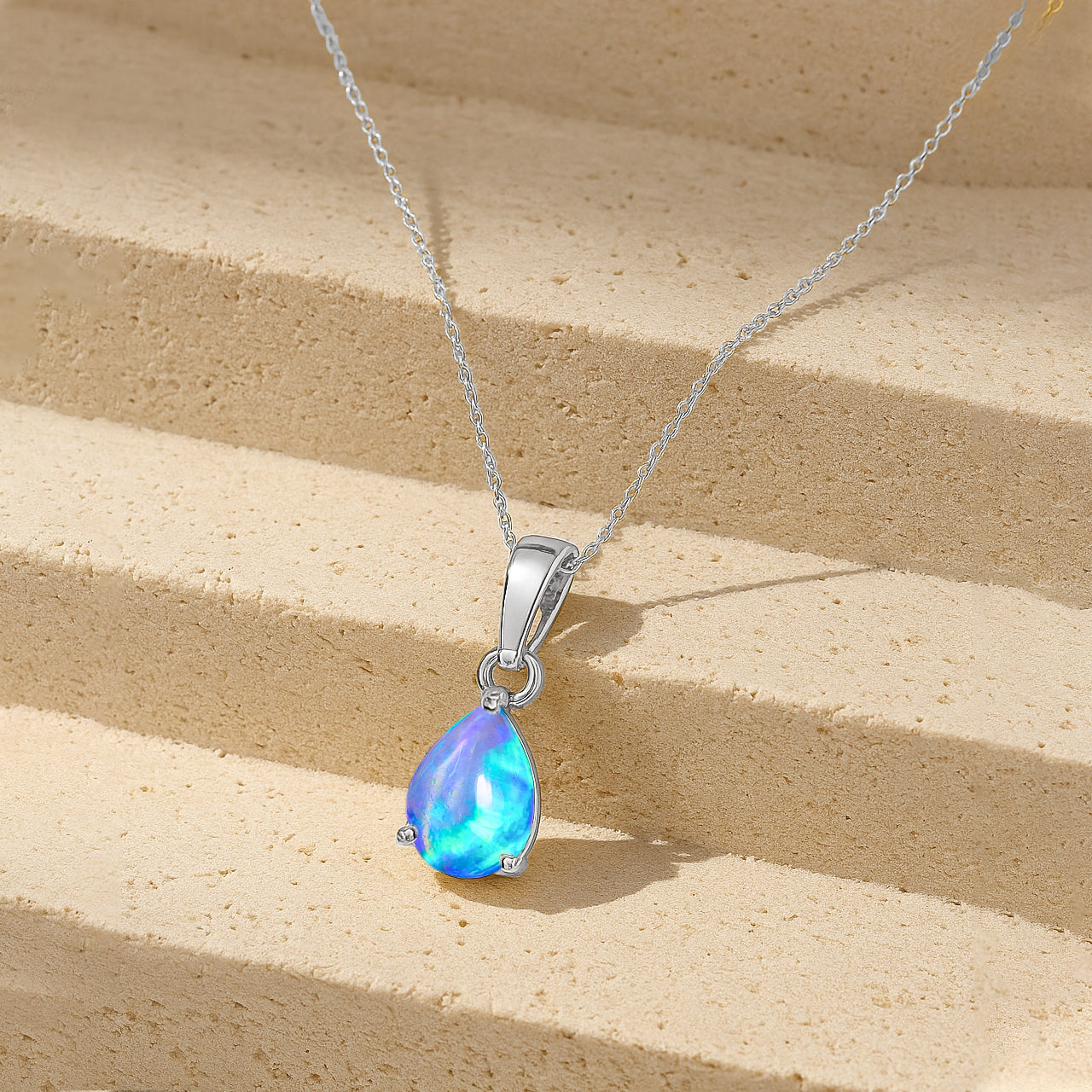 Blue Opal Pear Teardrop Pendant Necklace in 925 Sterling Silver 1.20ct