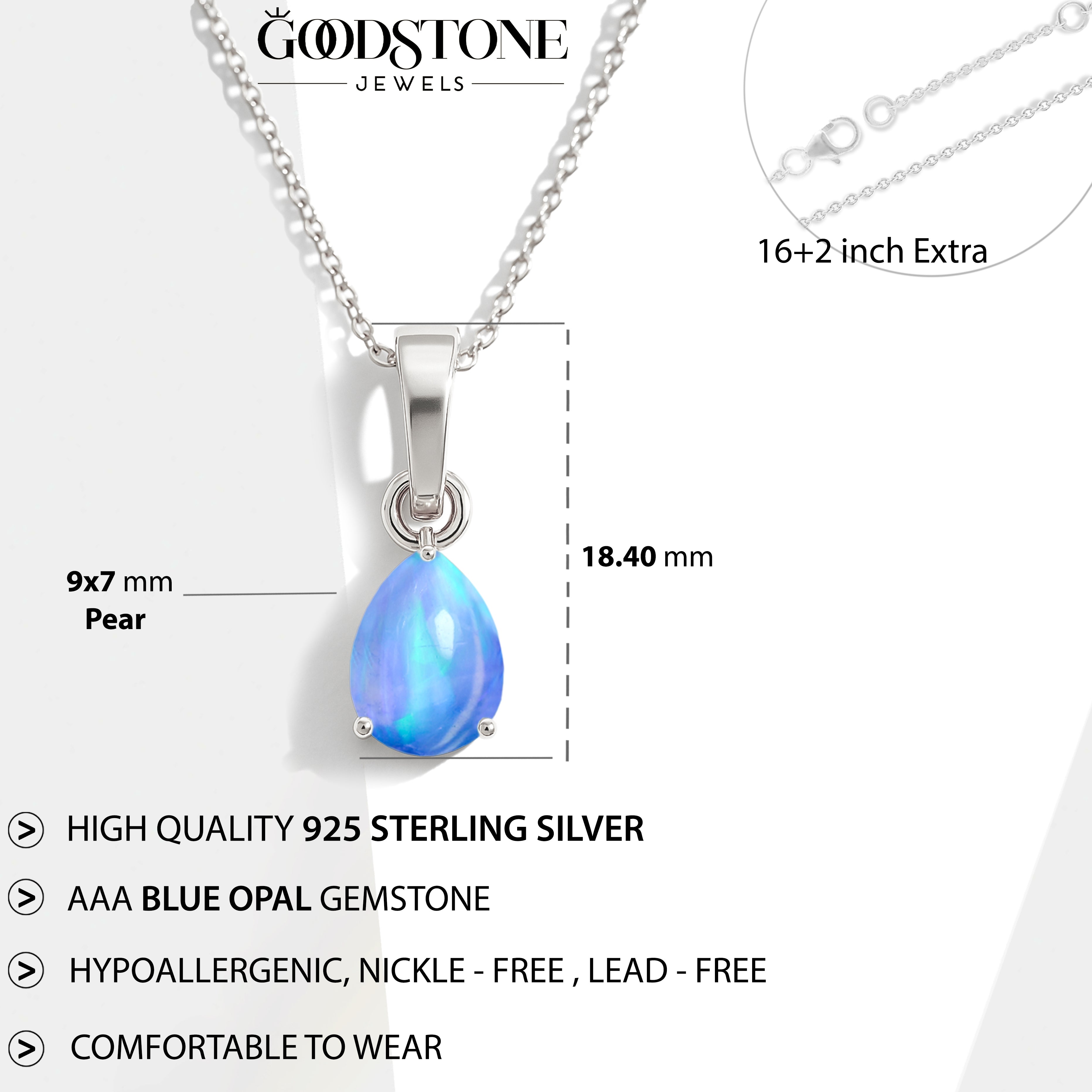 Blue Opal Pear Teardrop Pendant Necklace in 925 Sterling Silver 1.20ct