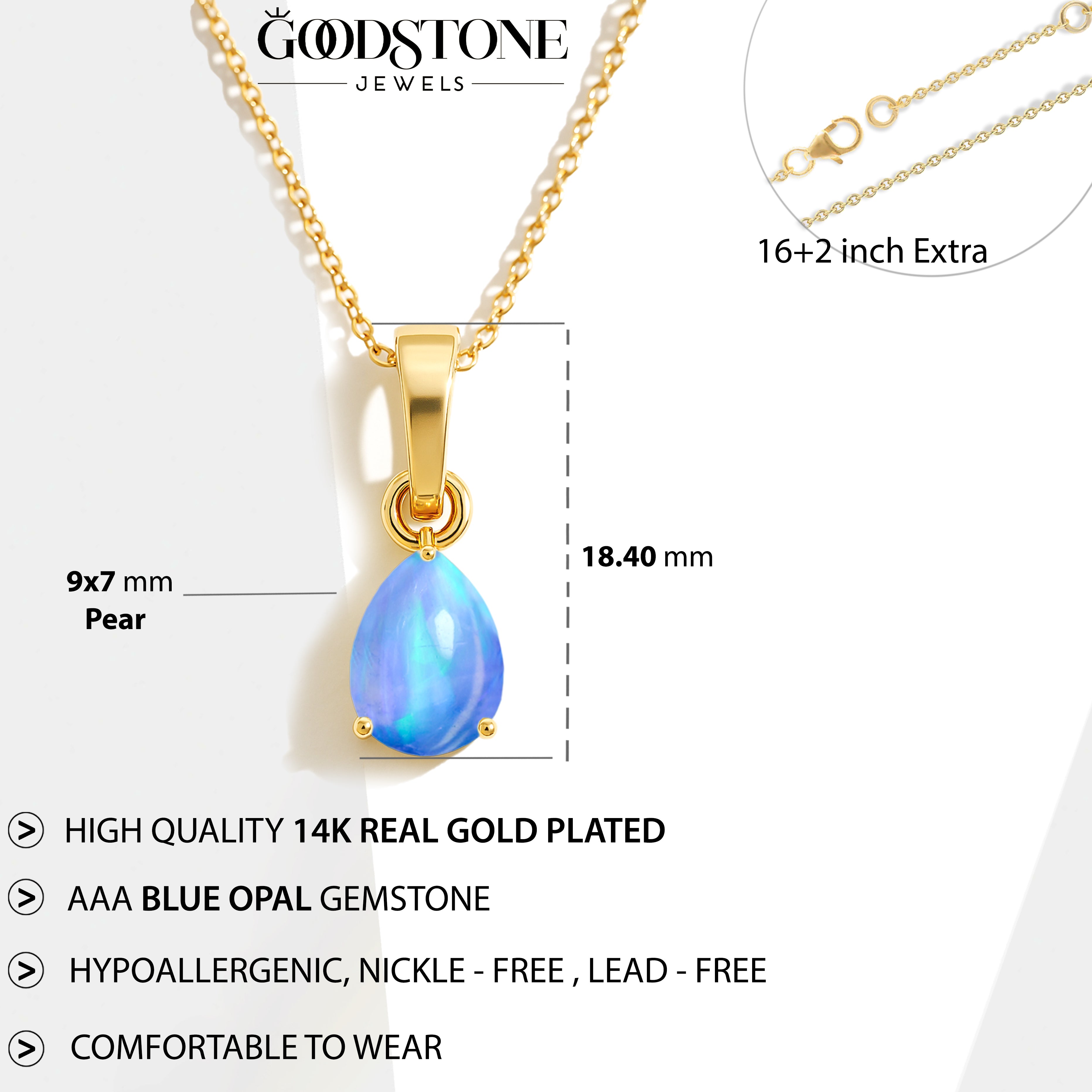 Blue Opal Pear Teardrop Pendant Necklace in 925 Sterling Silver 1.20ct