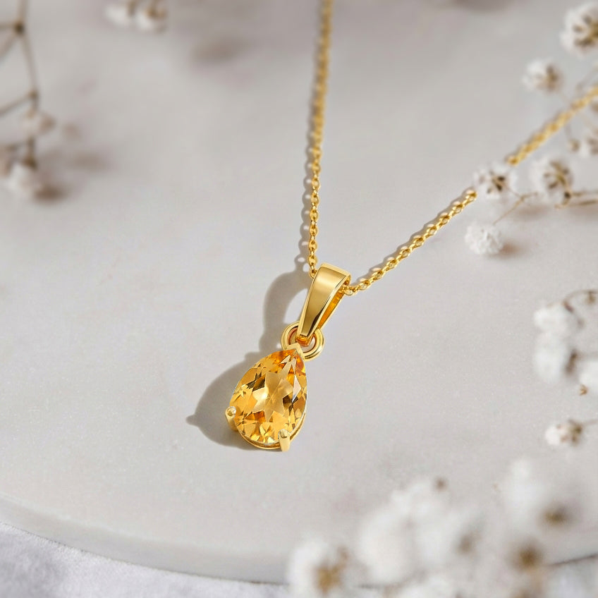 Citrine Pear Solitaire Teardrop Pendant Necklace in Yellow Gold Plated 9x7 MM 1.4ct