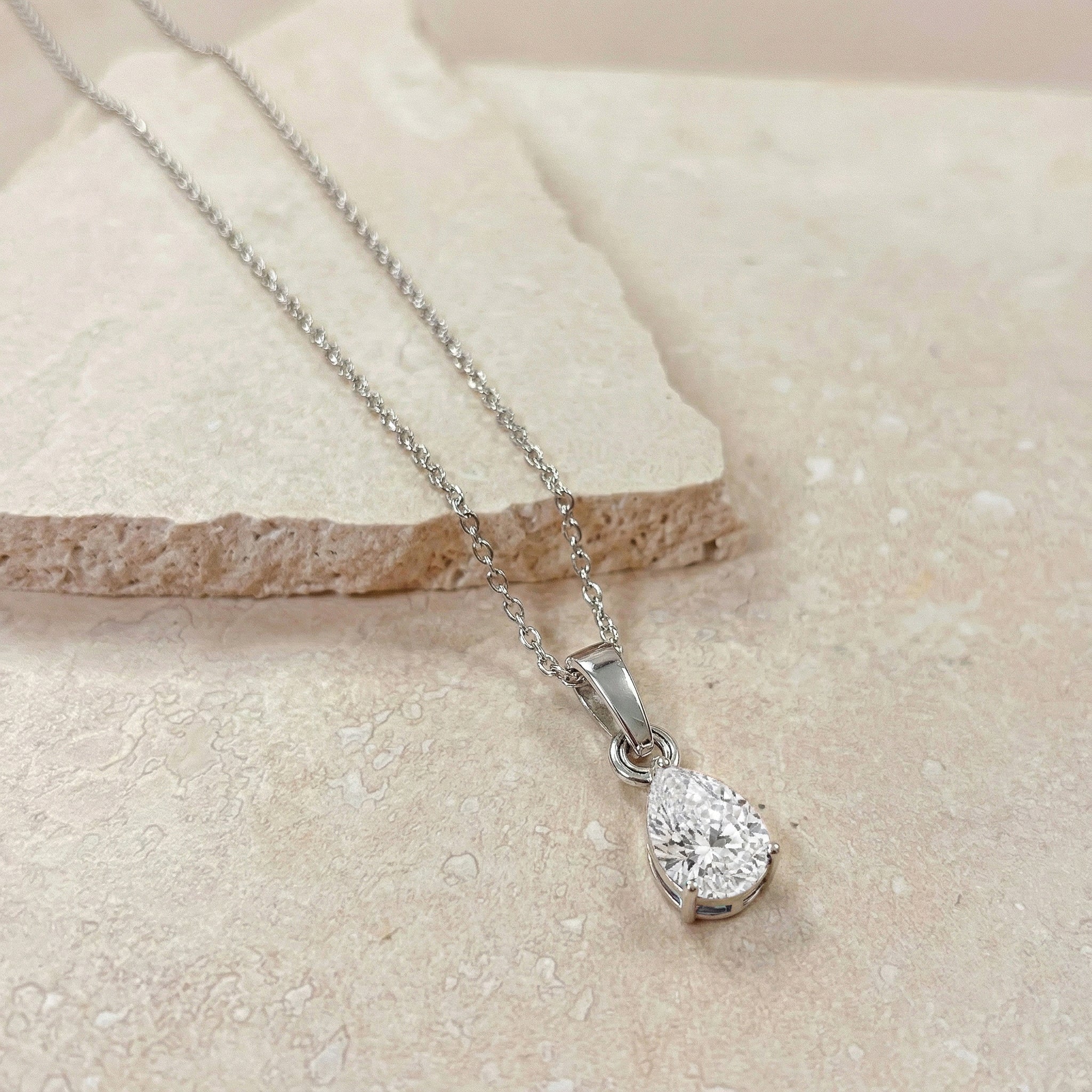 Cubic Zirconia Pear Solitaire Teardrop Pendant Necklace in 925 Sterling Silver 9x7 MM 1.4ct