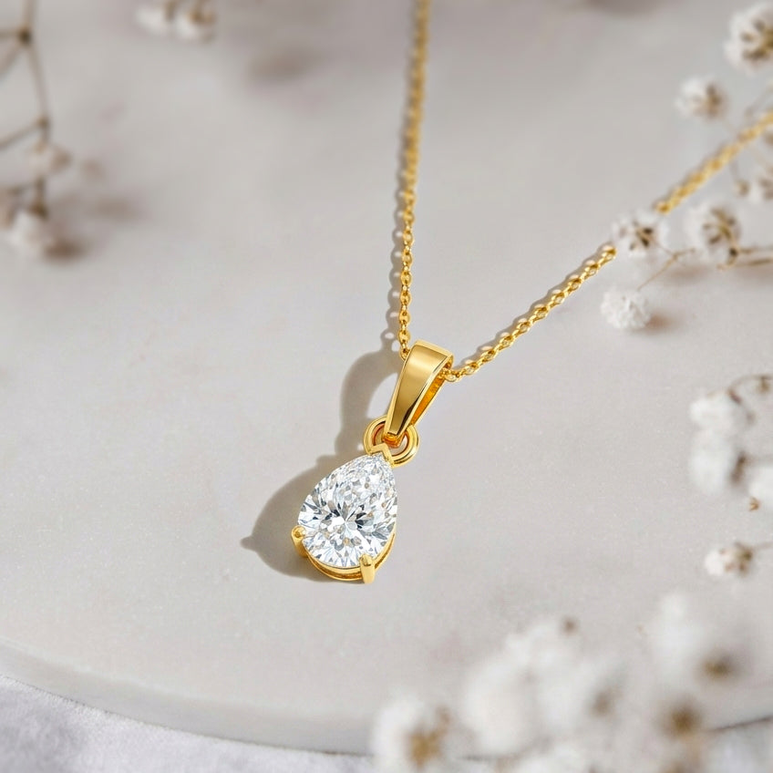 Cubic Zirconia Pear Solitaire Teardrop Pendant Necklace in 925 Sterling Silver 9x7 MM 1.4ct