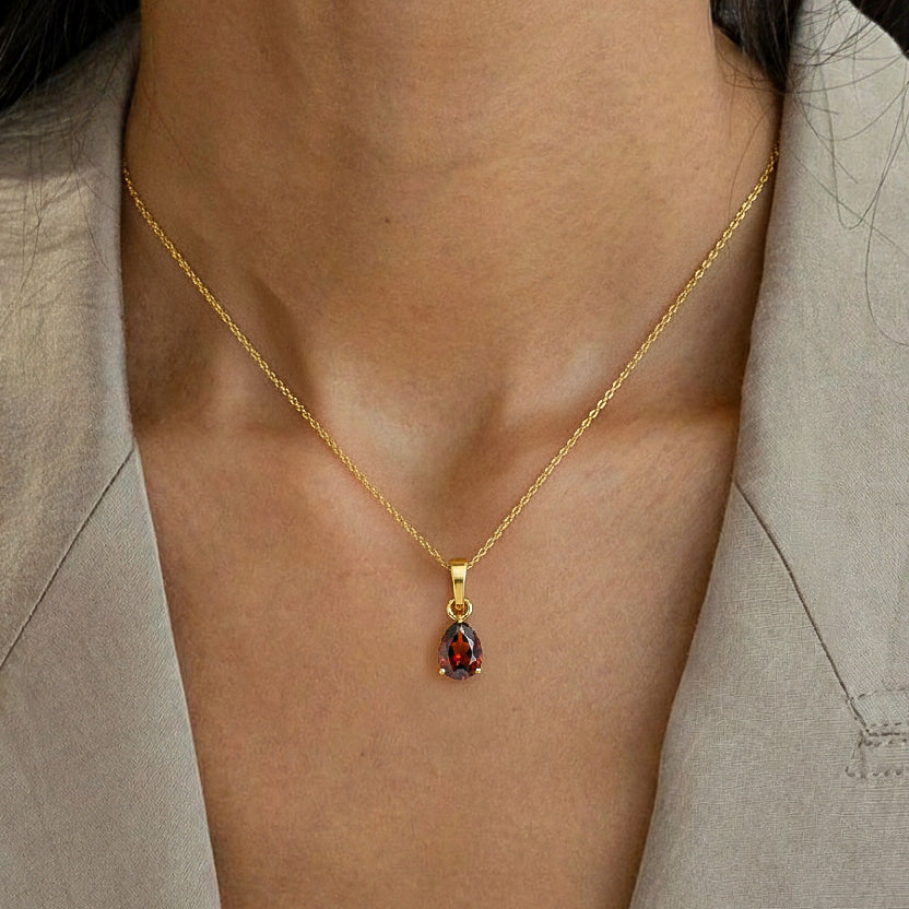 Garnet Pear Solitaire Teardrop Pendant Necklace in 925 Sterling Silver 9x7 MM 1.4ct