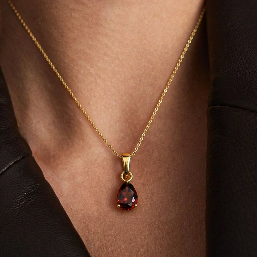 Garnet Pear Solitaire Teardrop Pendant Necklace in Yellow Gold Plated 9x7 MM 1.4ct