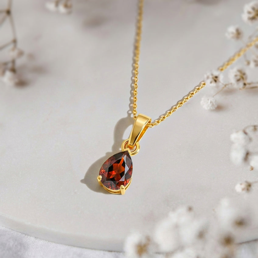 Garnet Pear Solitaire Teardrop Pendant Necklace in 925 Sterling Silver 9x7 MM 1.4ct
