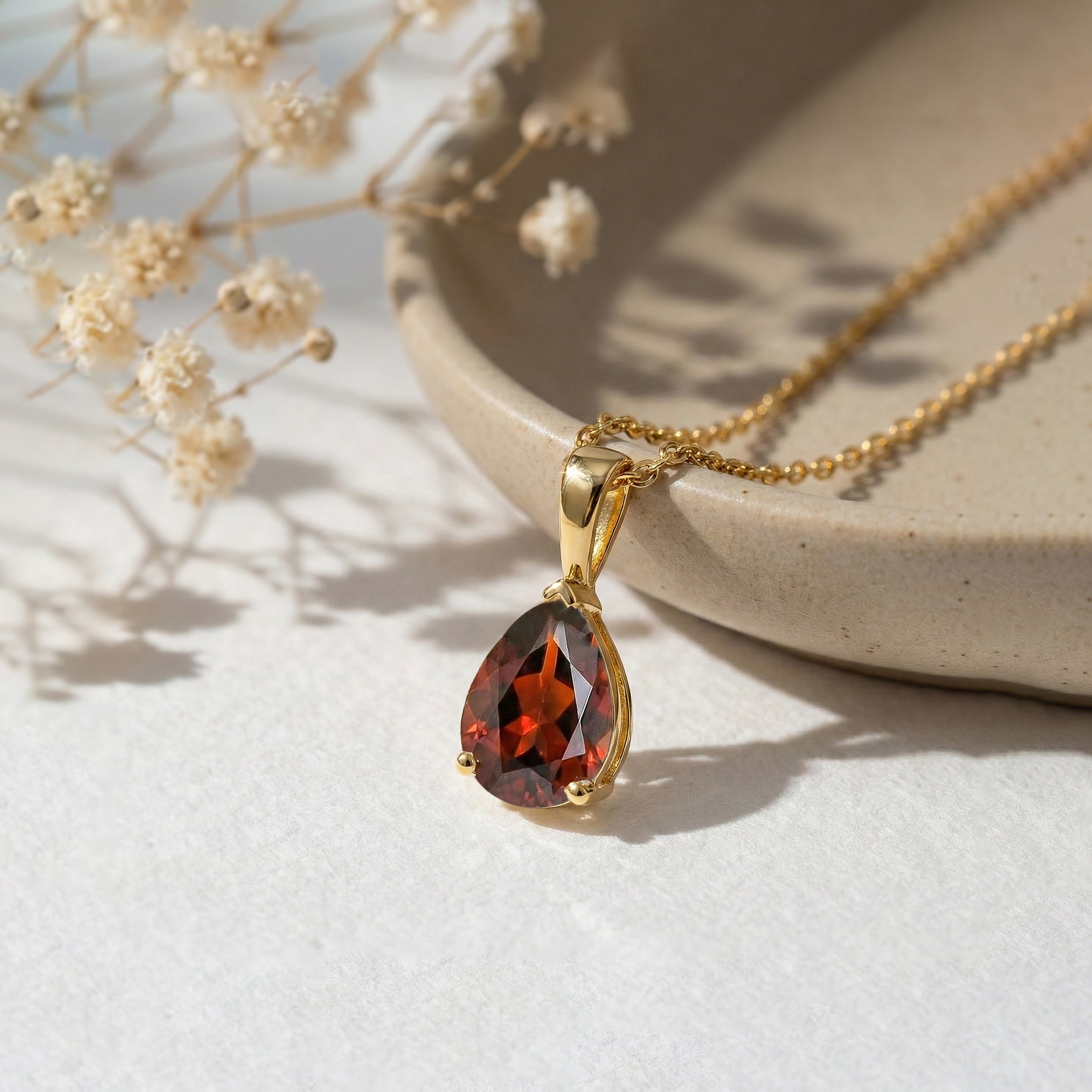 Garnet Pear Solitaire Teardrop Pendant Necklace in Yellow Gold Plated 9x7 MM 1.4ct