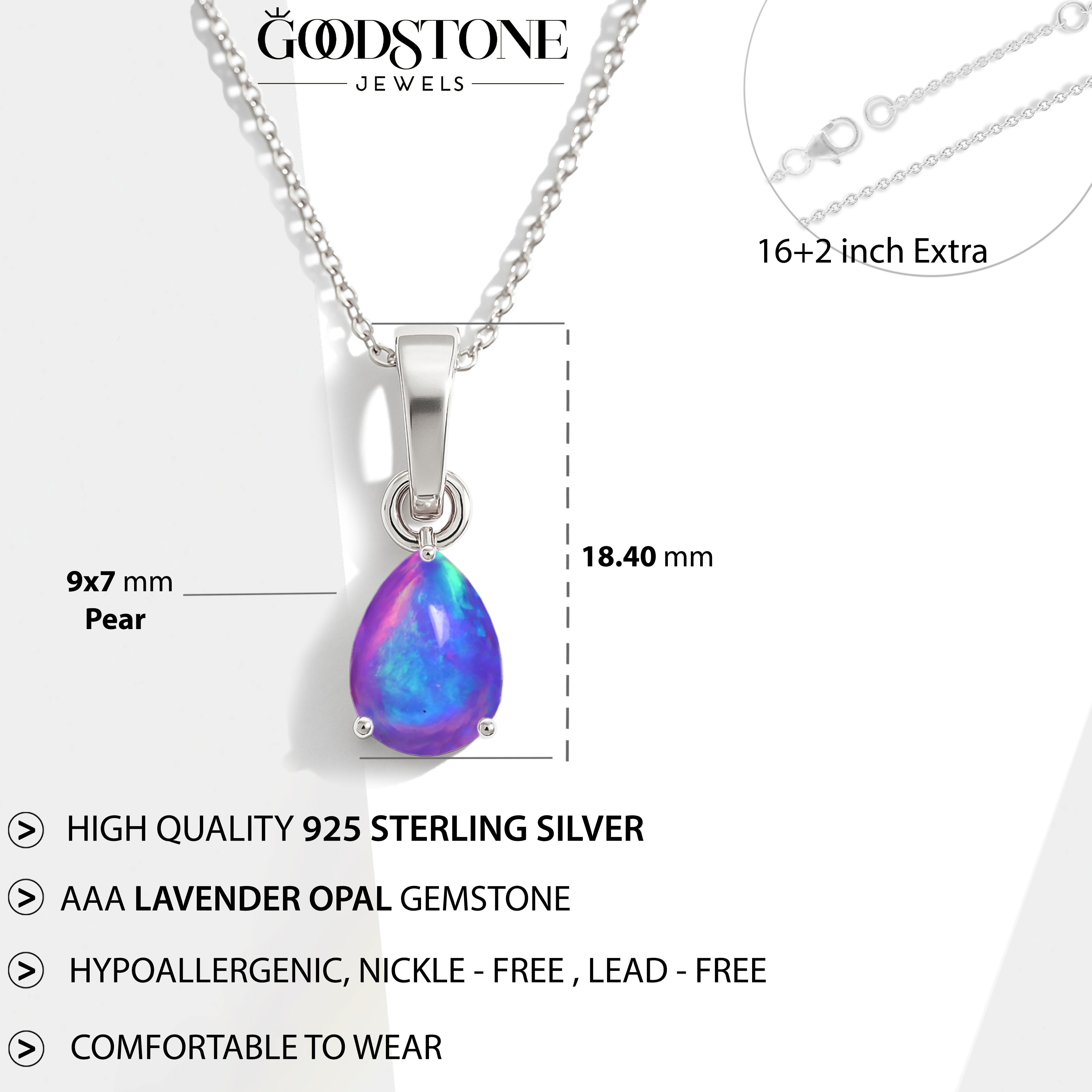 Lavender Opal Pear Teardrop Pendant Necklace in 925 Sterling Silver 1.20ct