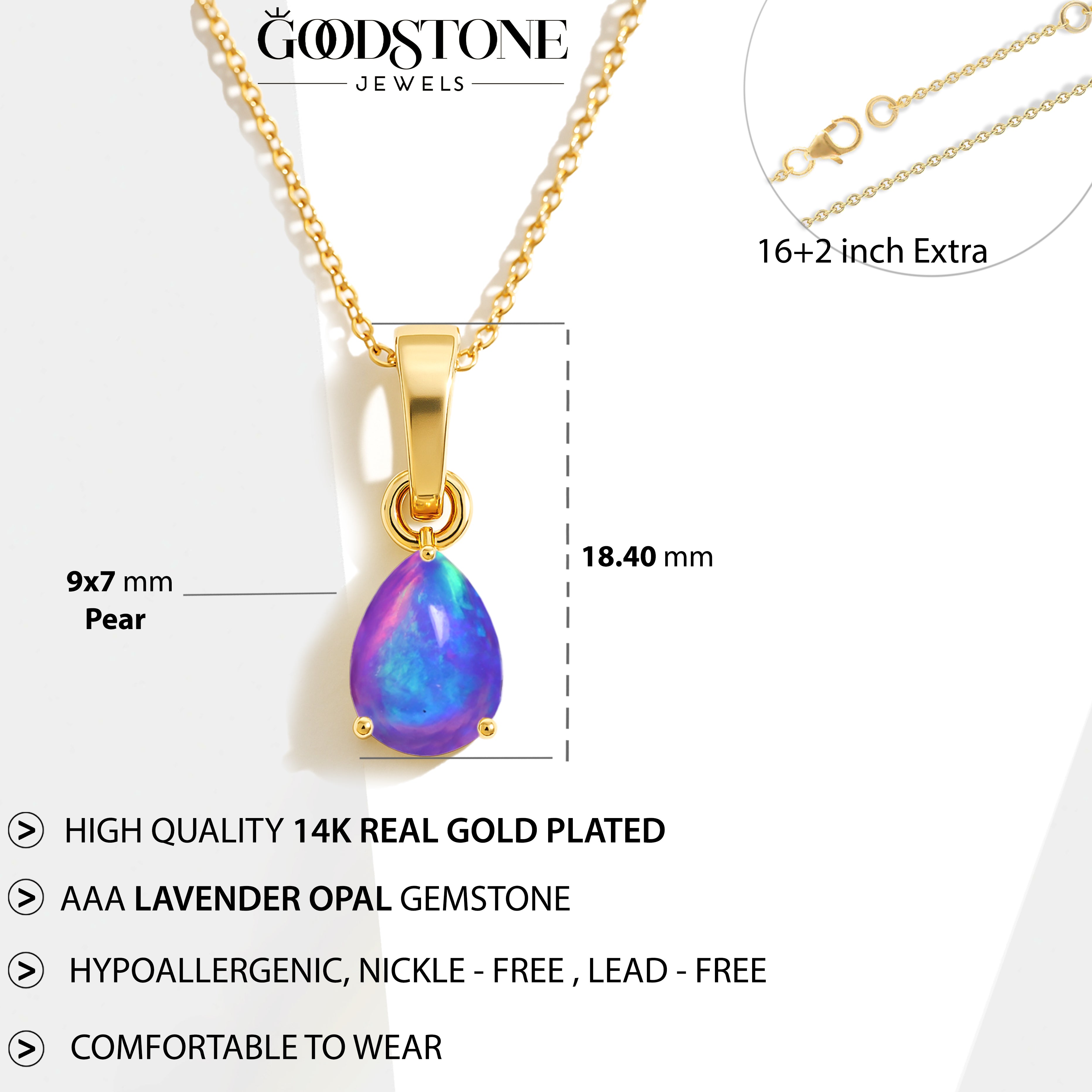 Lavender Opal Pear Teardrop Pendant Necklace in 925 Sterling Silver 1.20ct