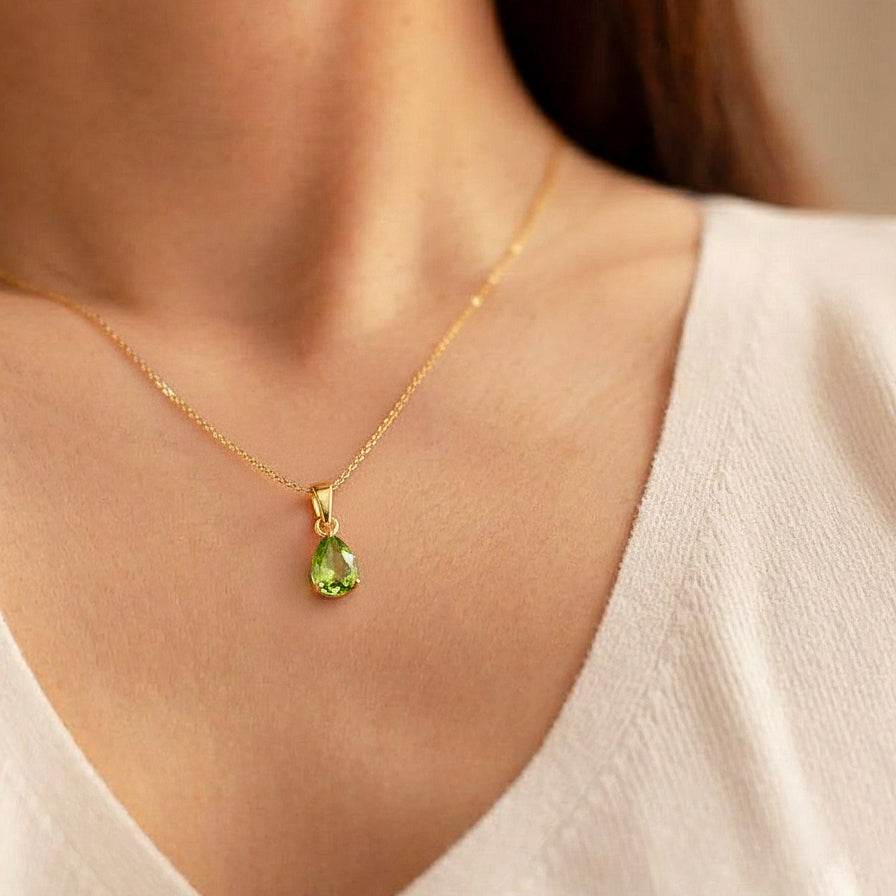 Peridot Pear Solitaire Teardrop Pendant Necklace in 925 Sterling Silver 9x7 MM 1.4ct