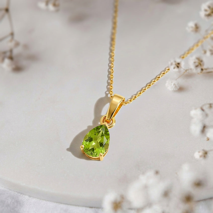 Peridot Pear Solitaire Teardrop Pendant Necklace in Yellow Gold Plated 9x7 MM 1.4ct
