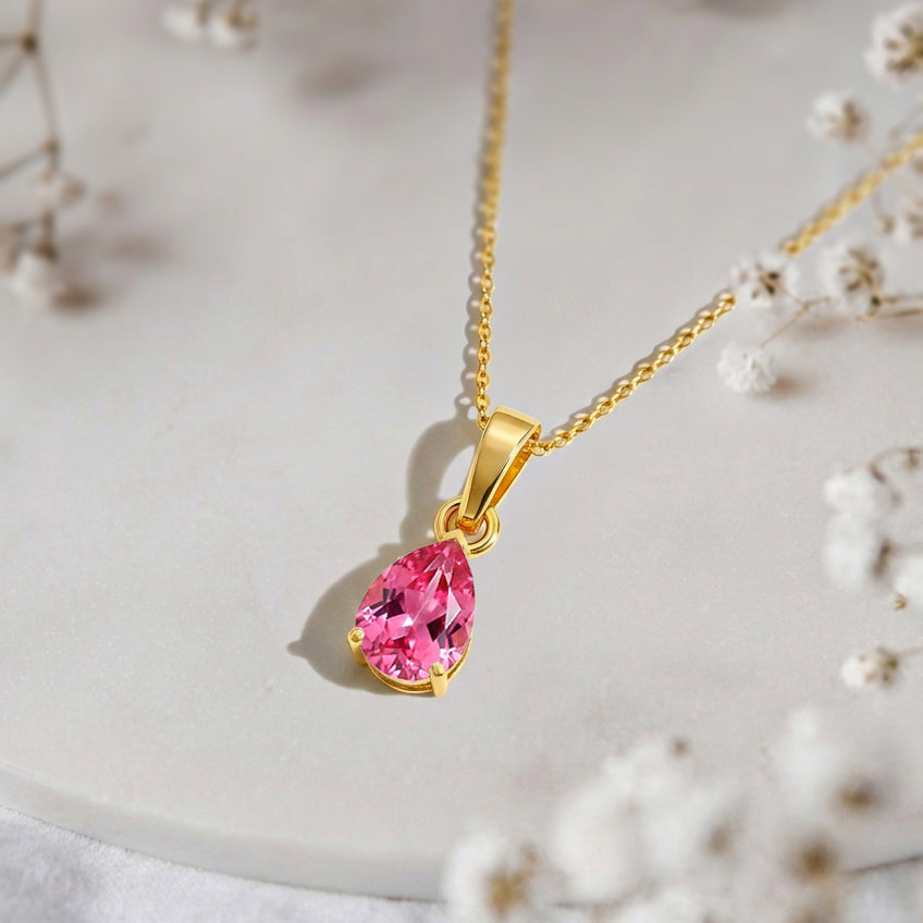 Pink Tourmaline Pear Solitaire Teardrop Pendant Necklace in Yellow Gold Plated 9x7 MM 1.4ct