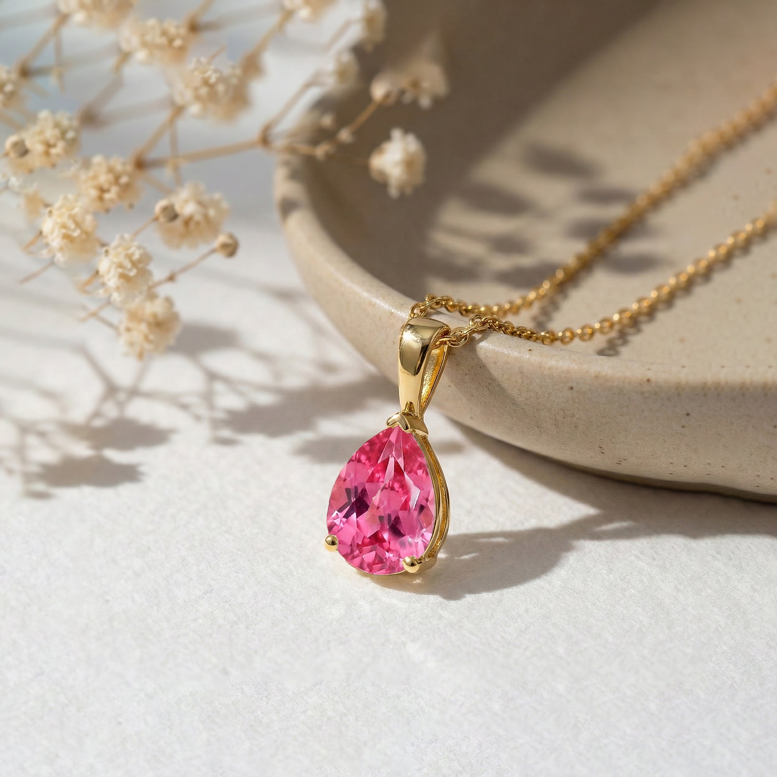 Pink Tourmaline Pear Solitaire Teardrop Pendant Necklace in Yellow Gold Plated 9x7 MM 1.4ct