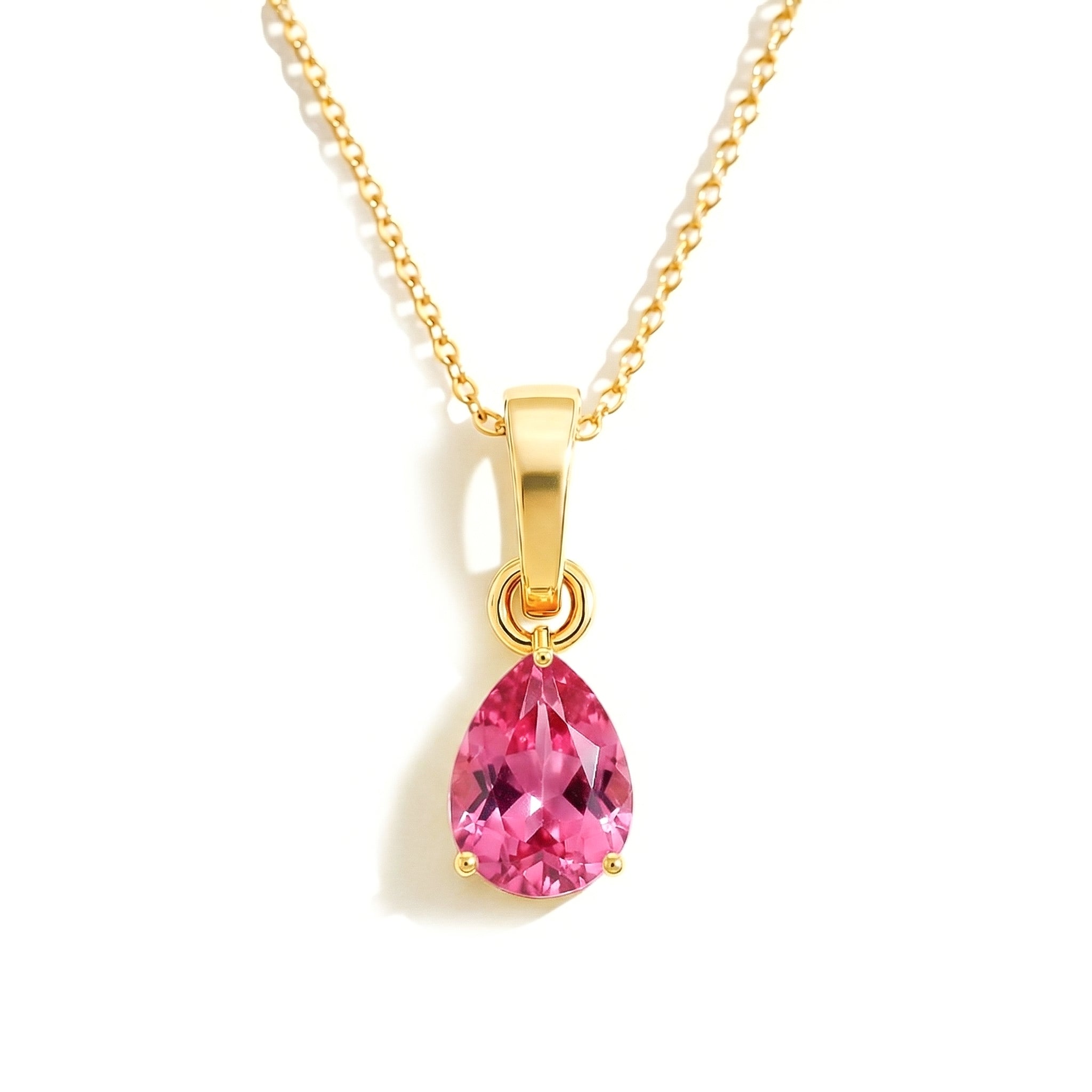 Pink Tourmaline Pear Solitaire Teardrop Pendant Necklace in Yellow Gold Plated 9x7 MM 1.4ct
