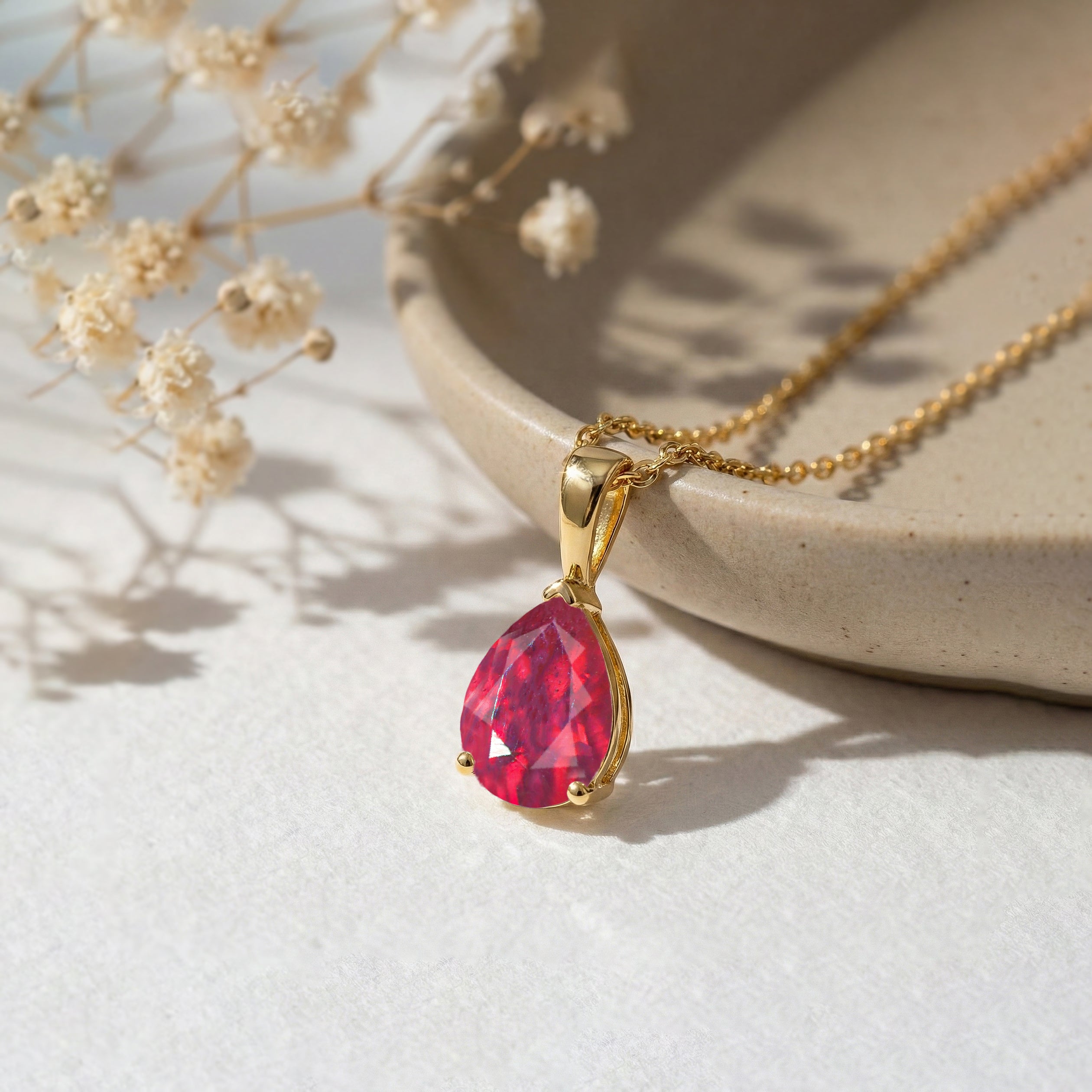 Ruby Pear Solitaire Teardrop Pendant Necklace in Yellow Gold Plated 9x7 MM 1.4ct