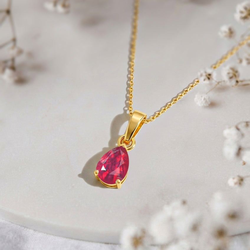 Ruby Pear Solitaire Teardrop Pendant Necklace in 925 Sterling Silver 9x7 MM 1.4ct