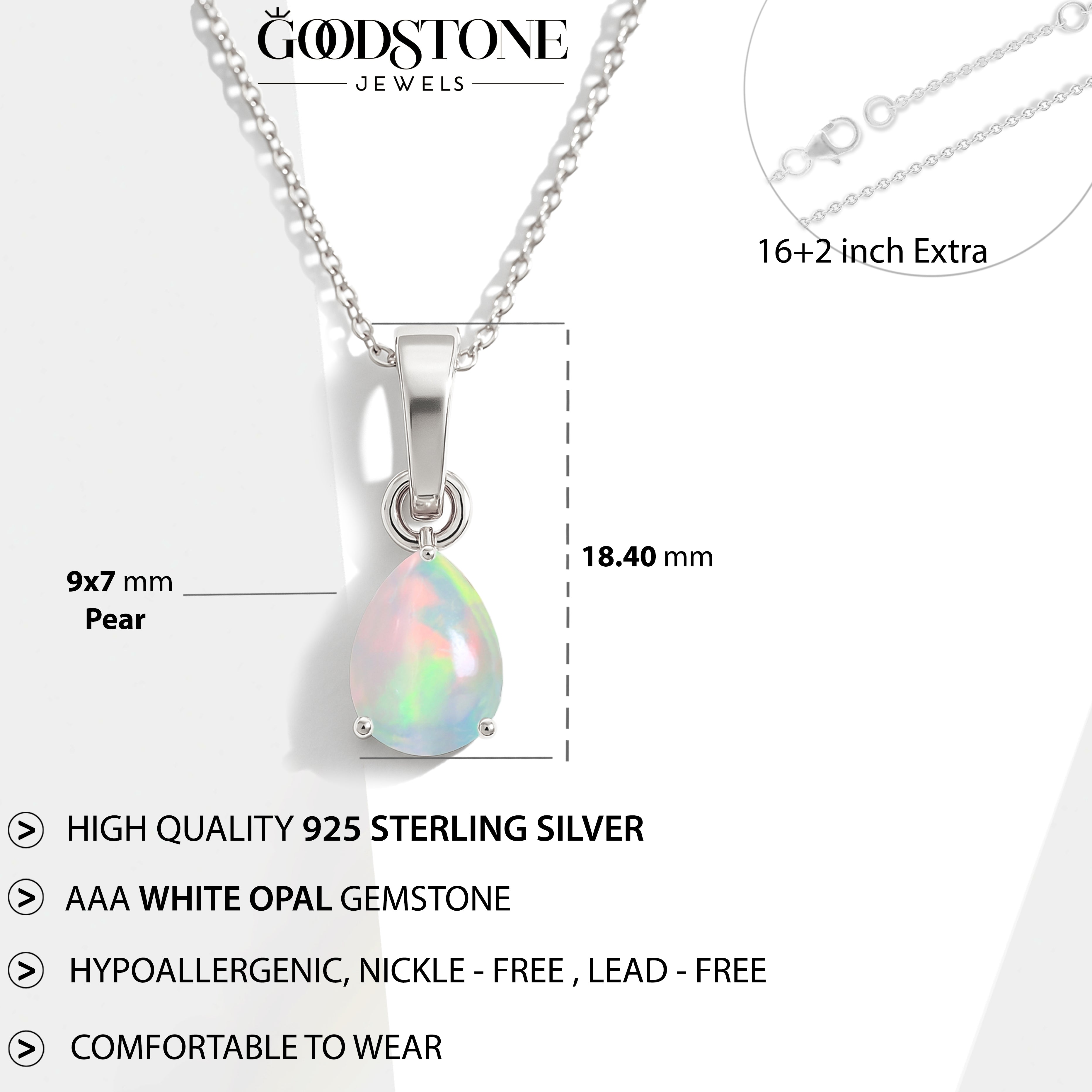 White Opal Pear Teardrop Pendant Necklace in 925 Sterling Silver 1.20ct