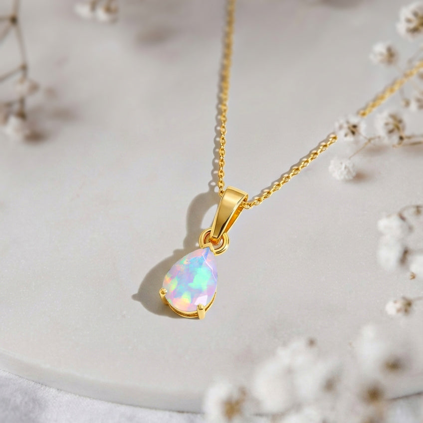 White Opal Pear Solitaire Teardrop Pendant Necklace in Yellow Gold Plated 9x7 MM 1.4ct