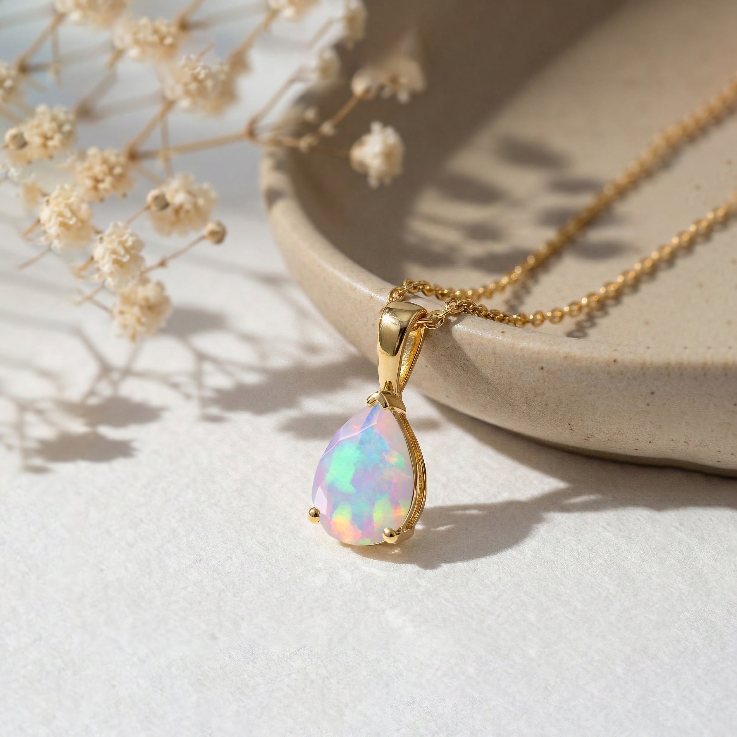 White Opal Pear Solitaire Teardrop Pendant Necklace in Yellow Gold Plated 9x7 MM 1.4ct