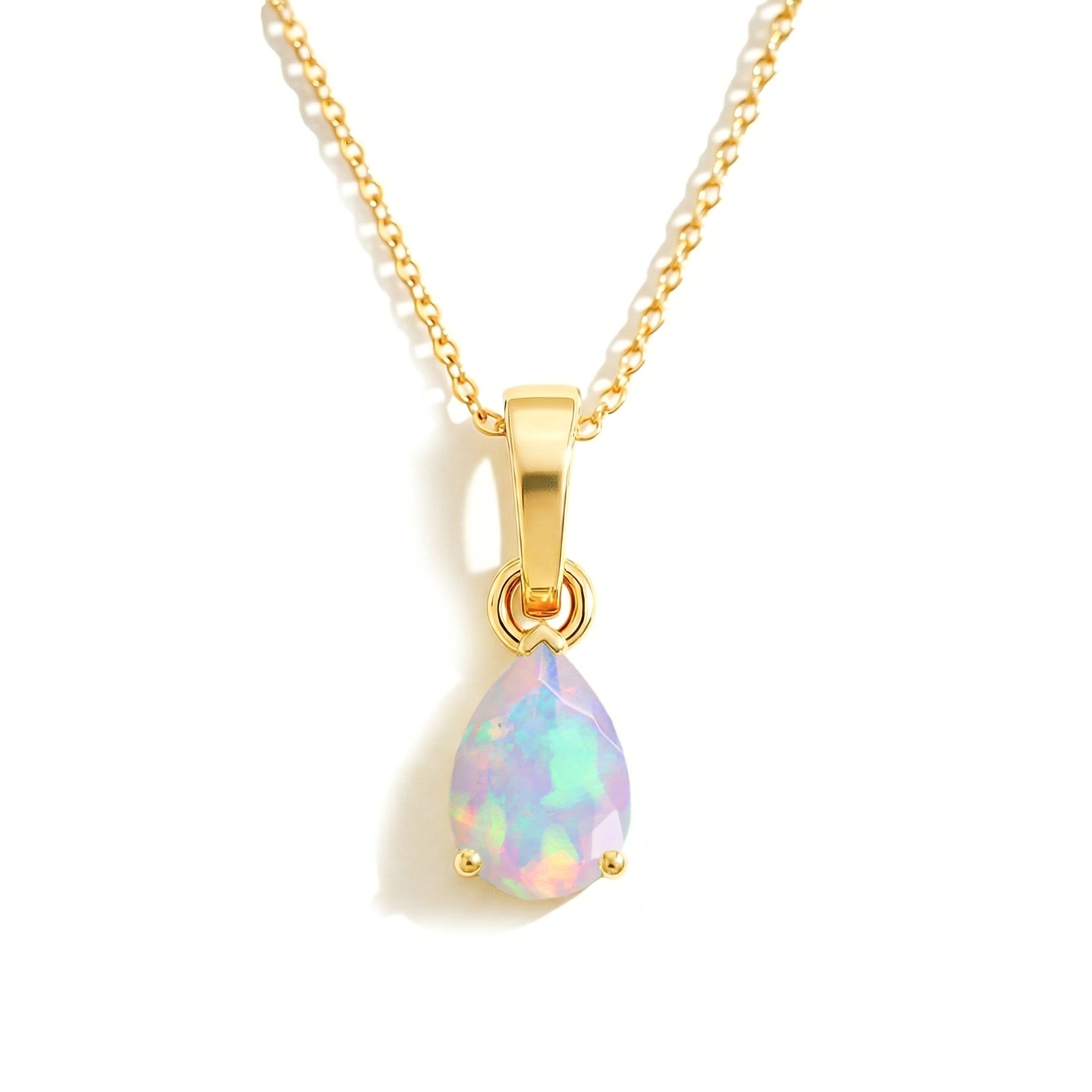 White Opal Pear Solitaire Teardrop Pendant Necklace in Yellow Gold Plated 9x7 MM 1.4ct