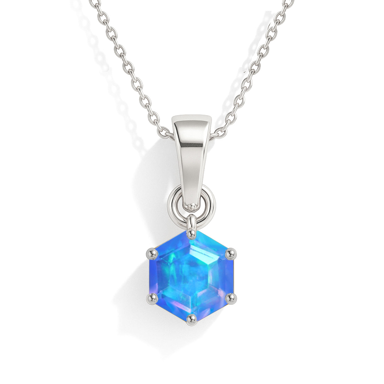 Natural Blue Opal Hexagon Solitaire Pendant Necklace in 925 Sterling Silver 1.20ct