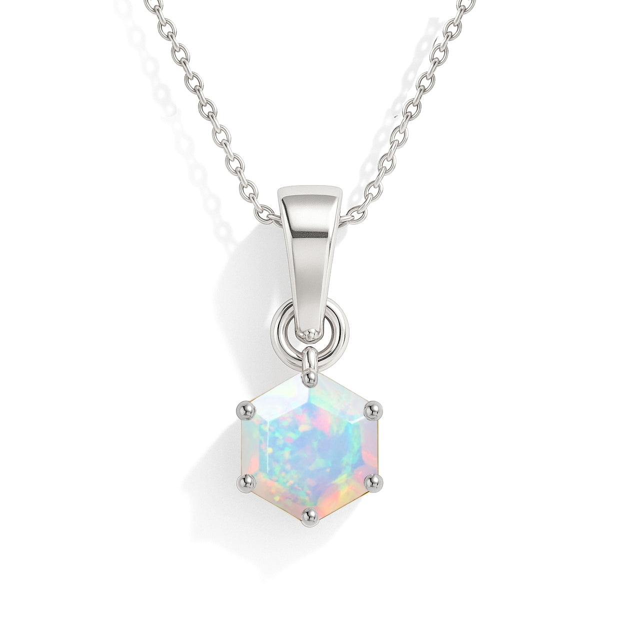 Natural White Opal Hexagon Solitaire Pendant Necklace in 925 Sterling Silver 1.20ct