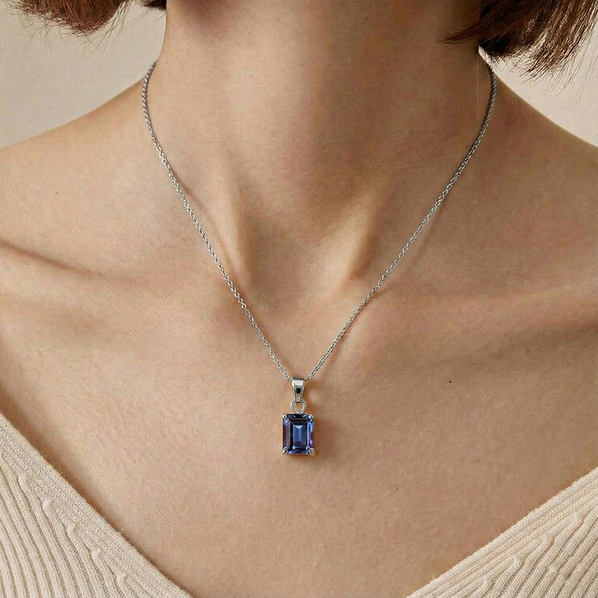 Alexandrite Octagon Solitaire Pendant Necklace in 925 Sterling Silver 9x7 MM 1.4ct
