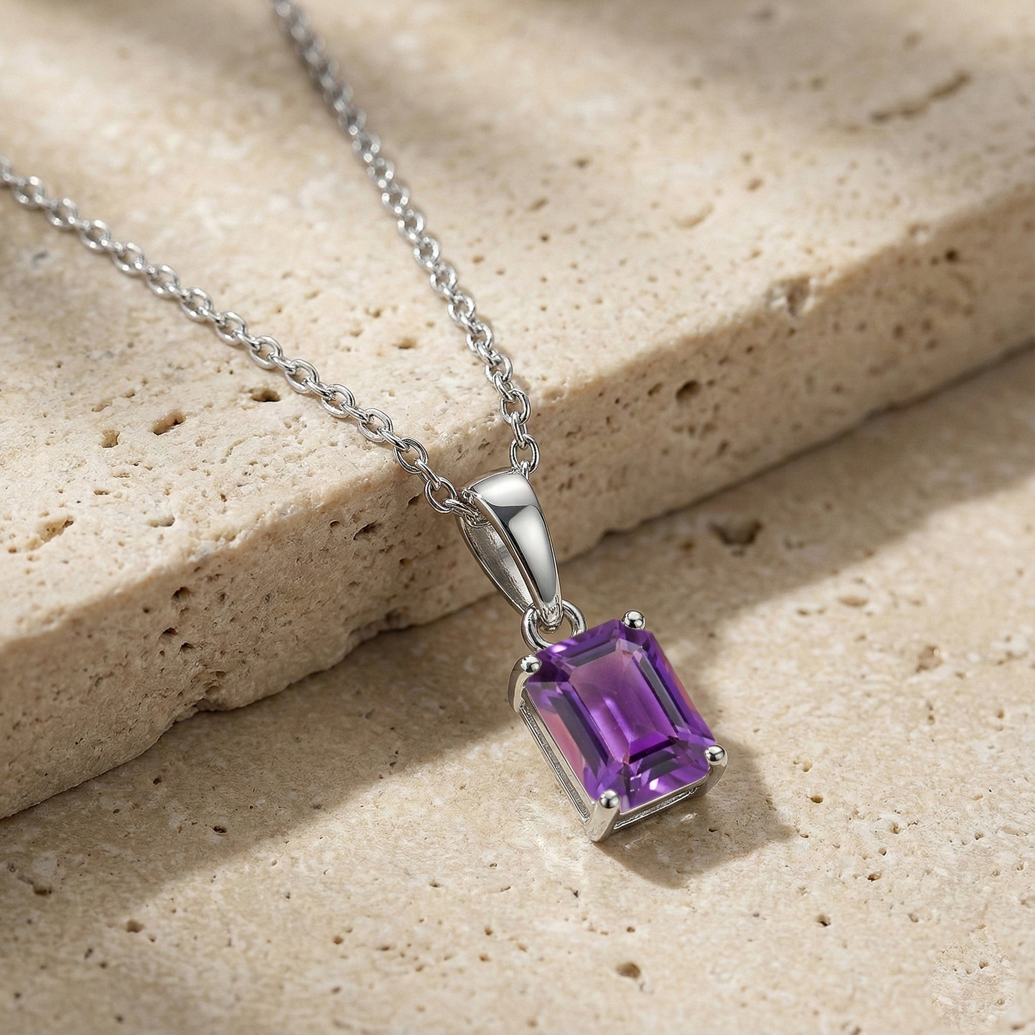 Natural Amethyst Octagon Solitaire Pendant Necklace in 925 Sterling Silver 9x7 MM 1.4ct