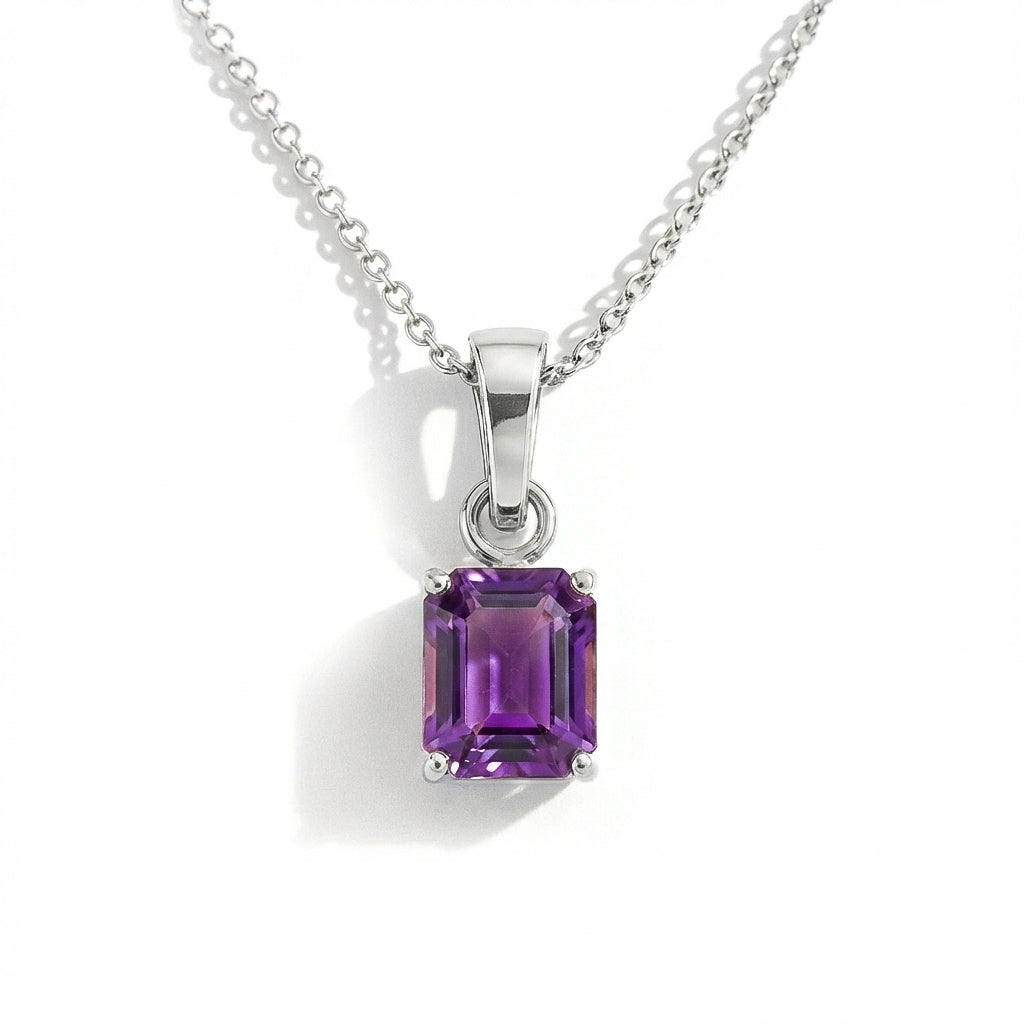 Natural Amethyst Octagon Solitaire Pendant Necklace in 925 Sterling Silver 9x7 MM 1.4ct