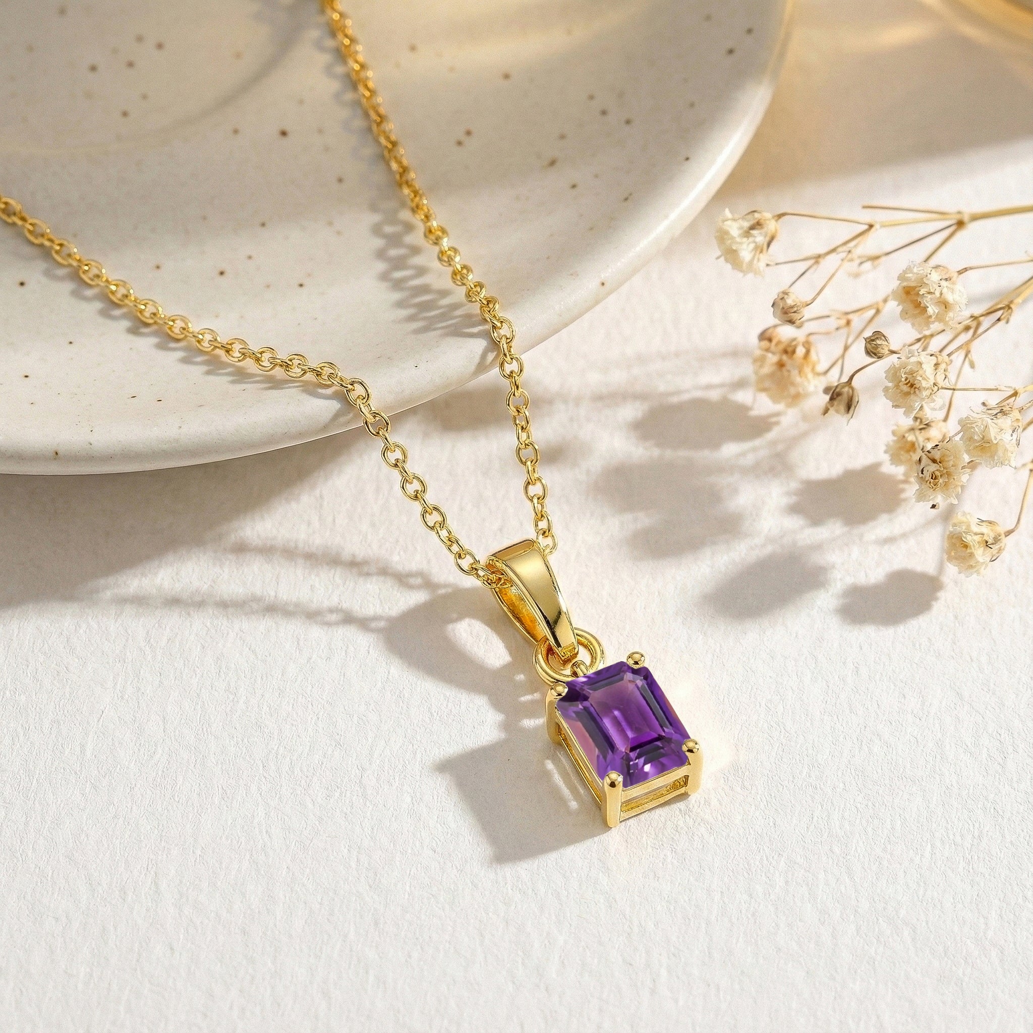 Natural Amethyst Octagon Solitaire Pendant Necklace in 925 Sterling Silver 9x7 MM 1.4ct
