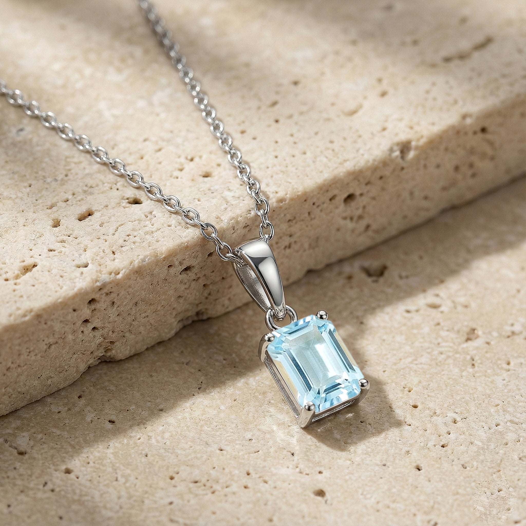 Aquamarine Octagon Solitaire Pendant Necklace in 925 Sterling Silver 9x7 MM 1.4ct