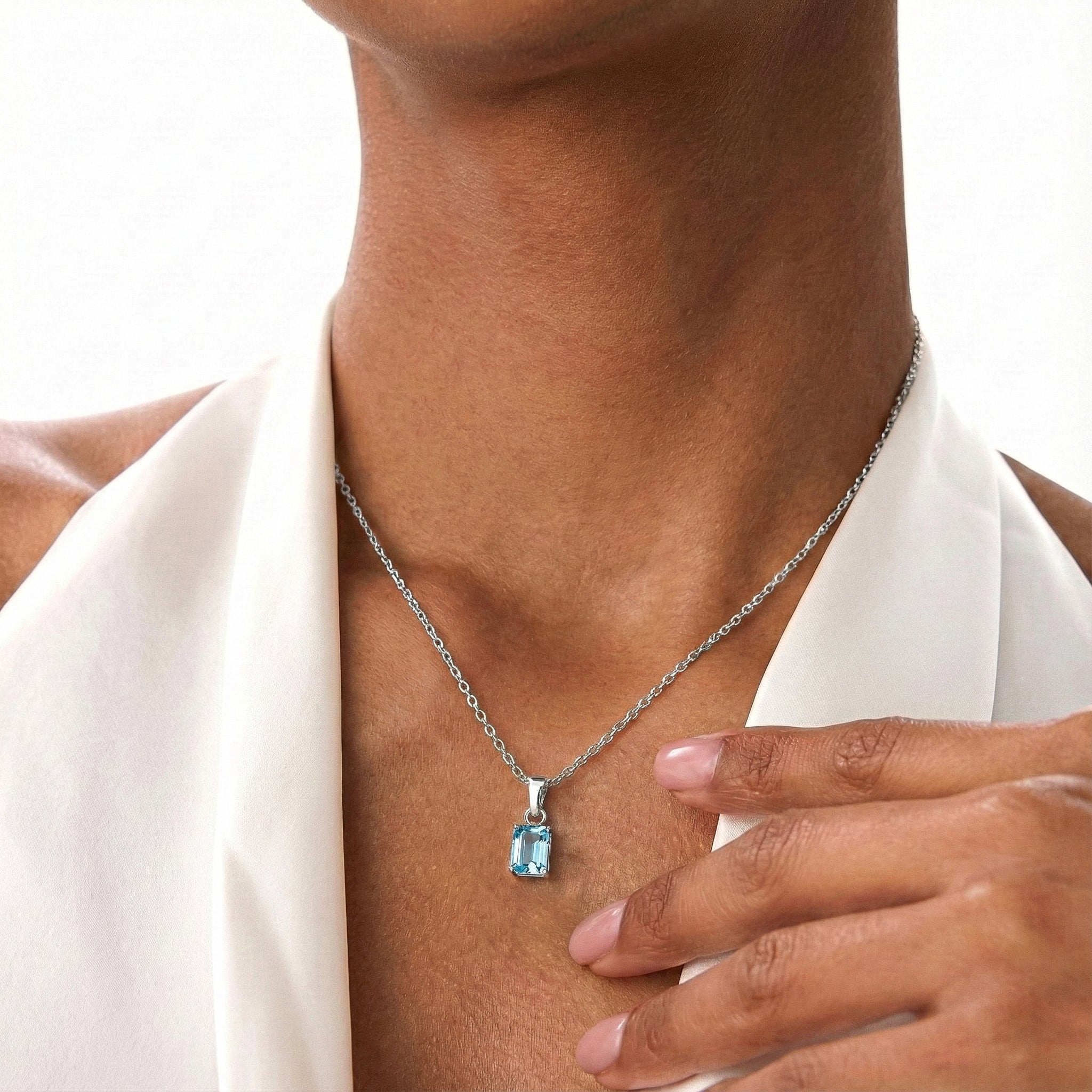 Aquamarine Octagon Solitaire Pendant Necklace in 925 Sterling Silver 9x7 MM 1.4ct
