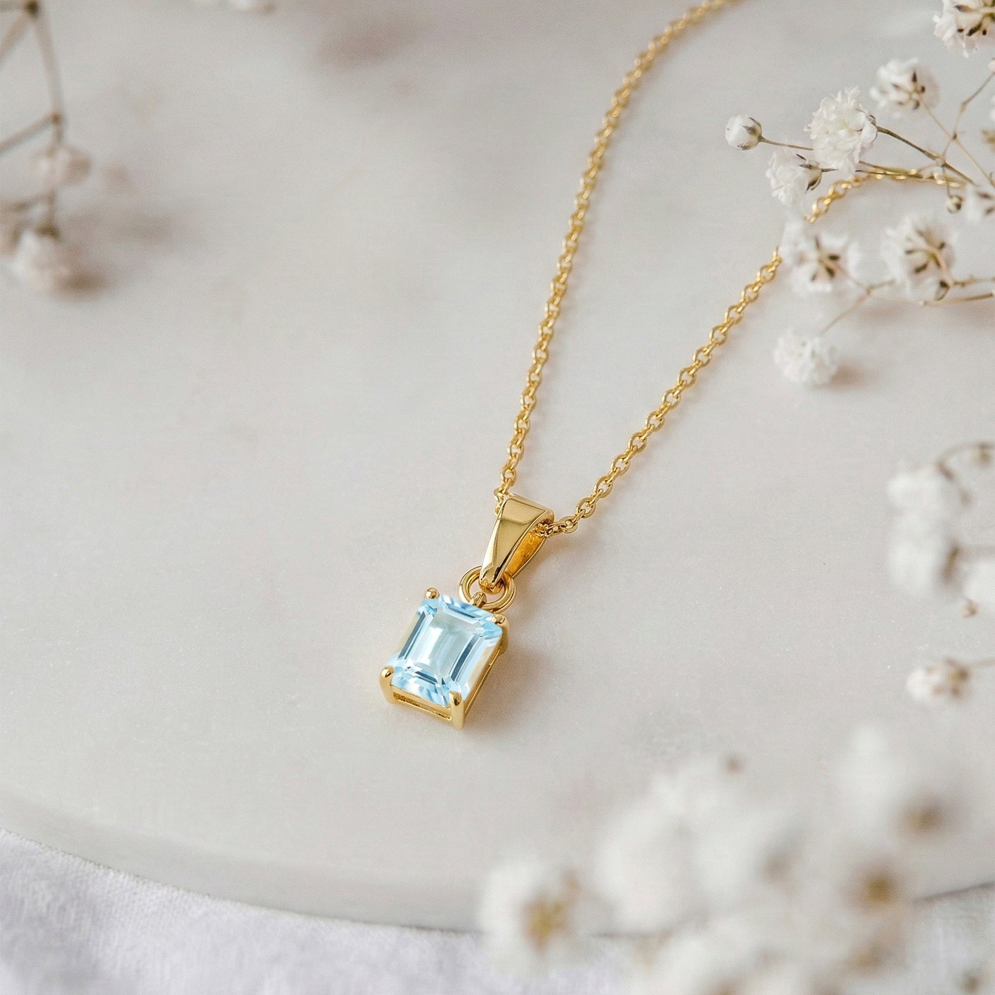 Aquamarine Octagon Solitaire Pendant Necklace in Yellow Gold Plated 9x7 MM 1.4ct