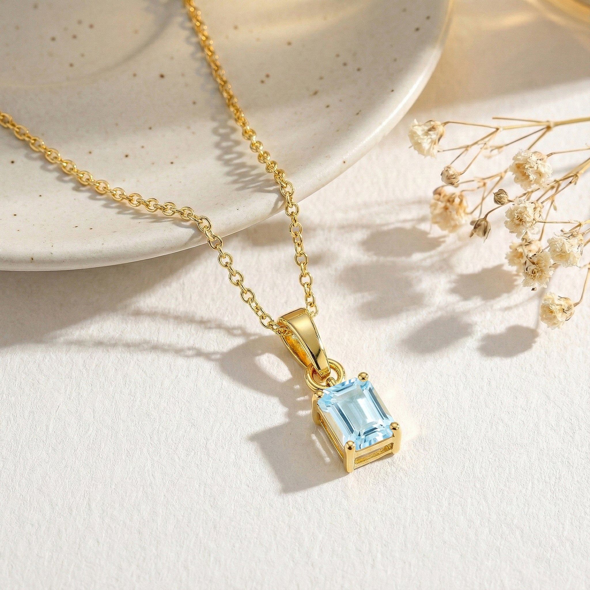 Aquamarine Octagon Solitaire Pendant Necklace in Yellow Gold Plated 9x7 MM 1.4ct