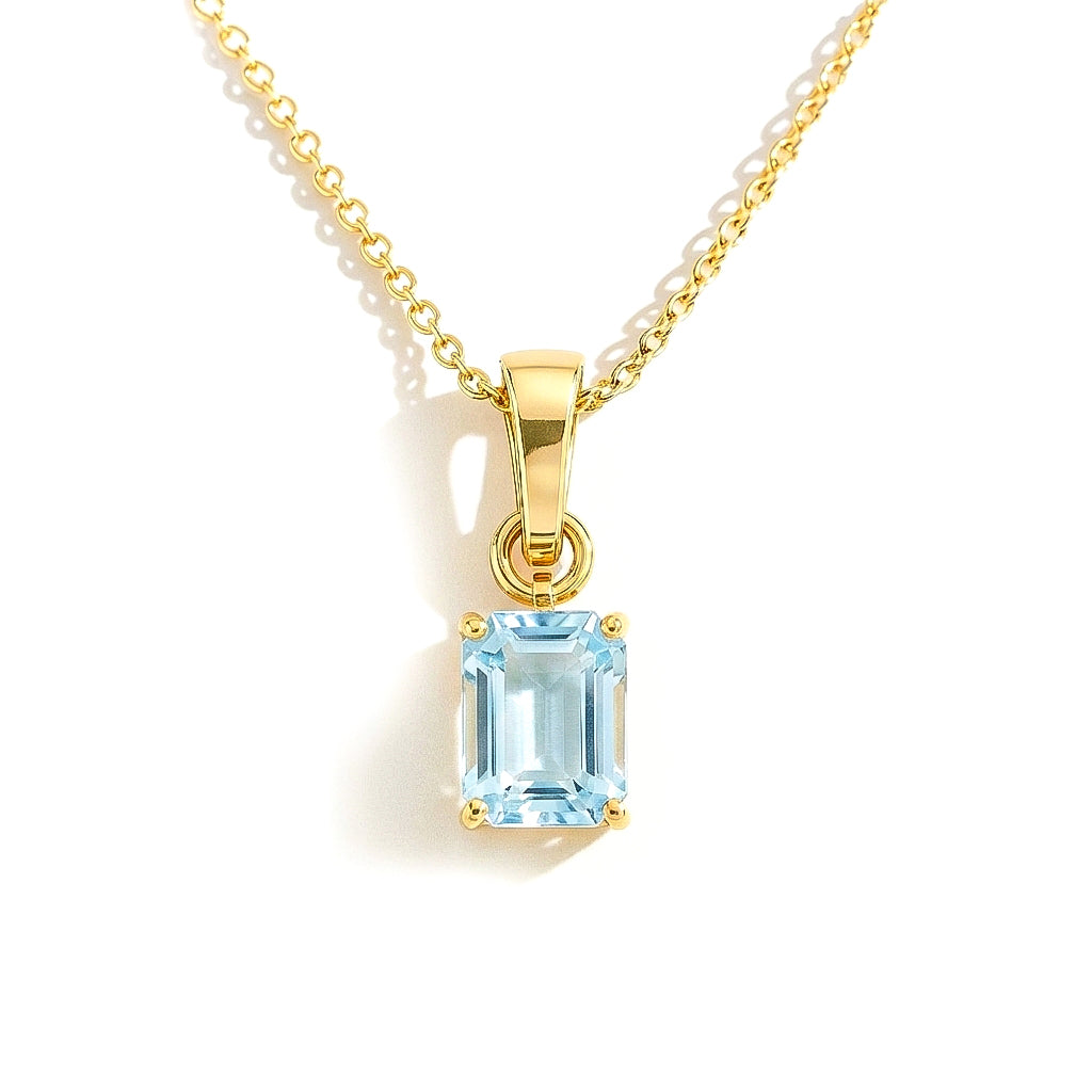 Aquamarine Octagon Solitaire Pendant Necklace in Yellow Gold Plated 9x7 MM 1.4ct
