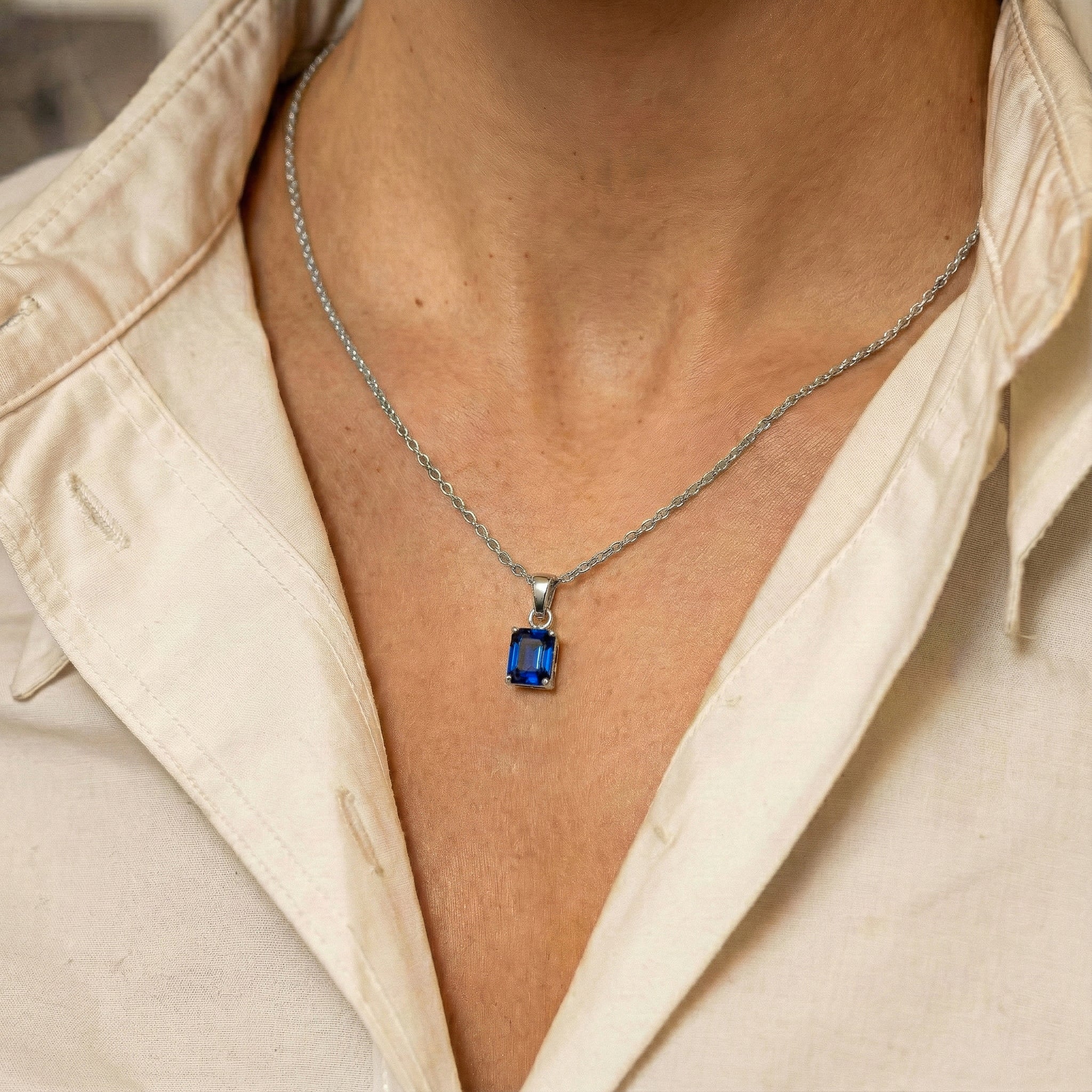 Blue Sapphire Octagon Solitaire Pendant Necklace in 925 Sterling Silver 9x7 MM 1.4ct