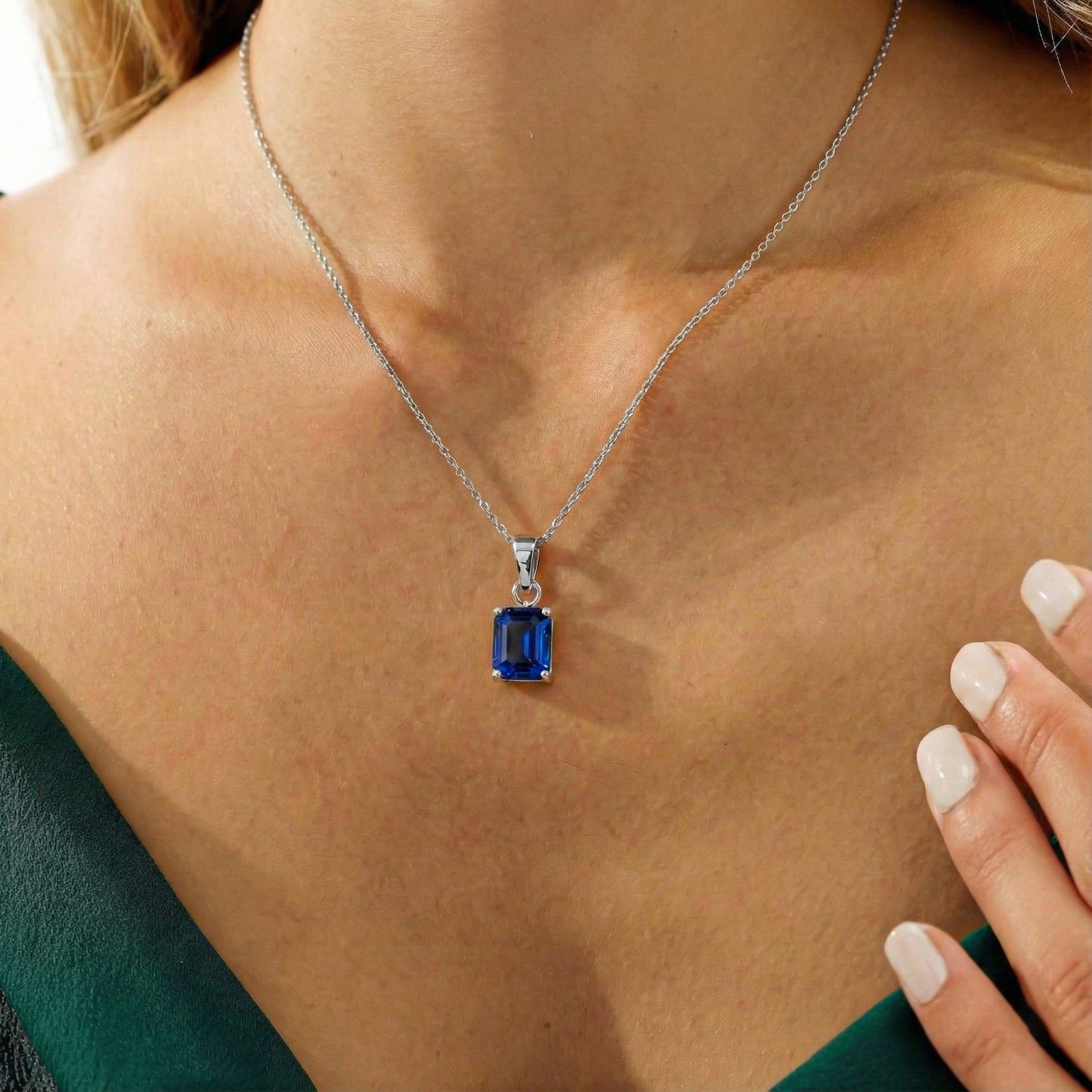 Blue Sapphire Octagon Solitaire Pendant Necklace in 925 Sterling Silver 9x7 MM 1.4ct