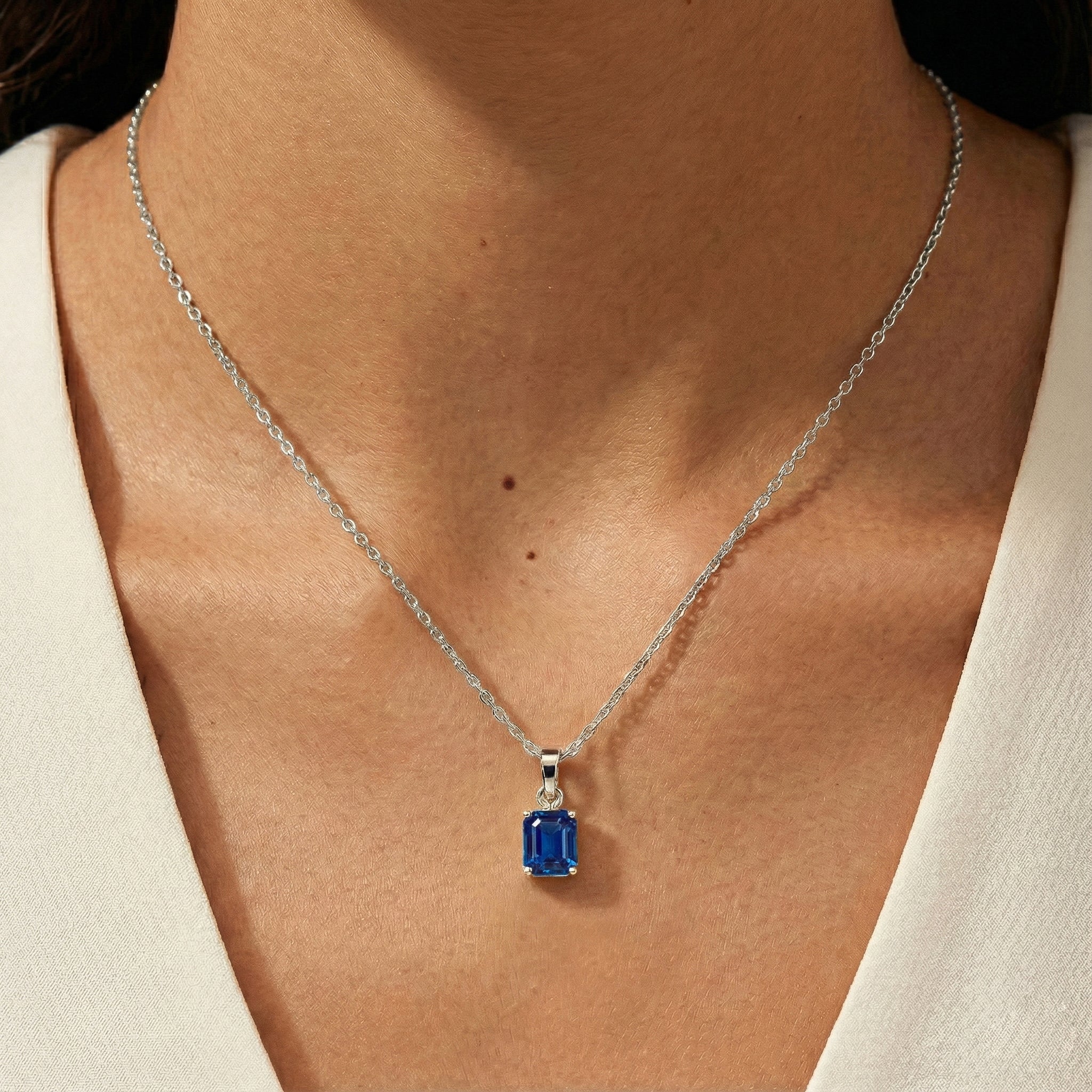 Blue Sapphire Octagon Solitaire Pendant Necklace in 925 Sterling Silver 9x7 MM 1.4ct