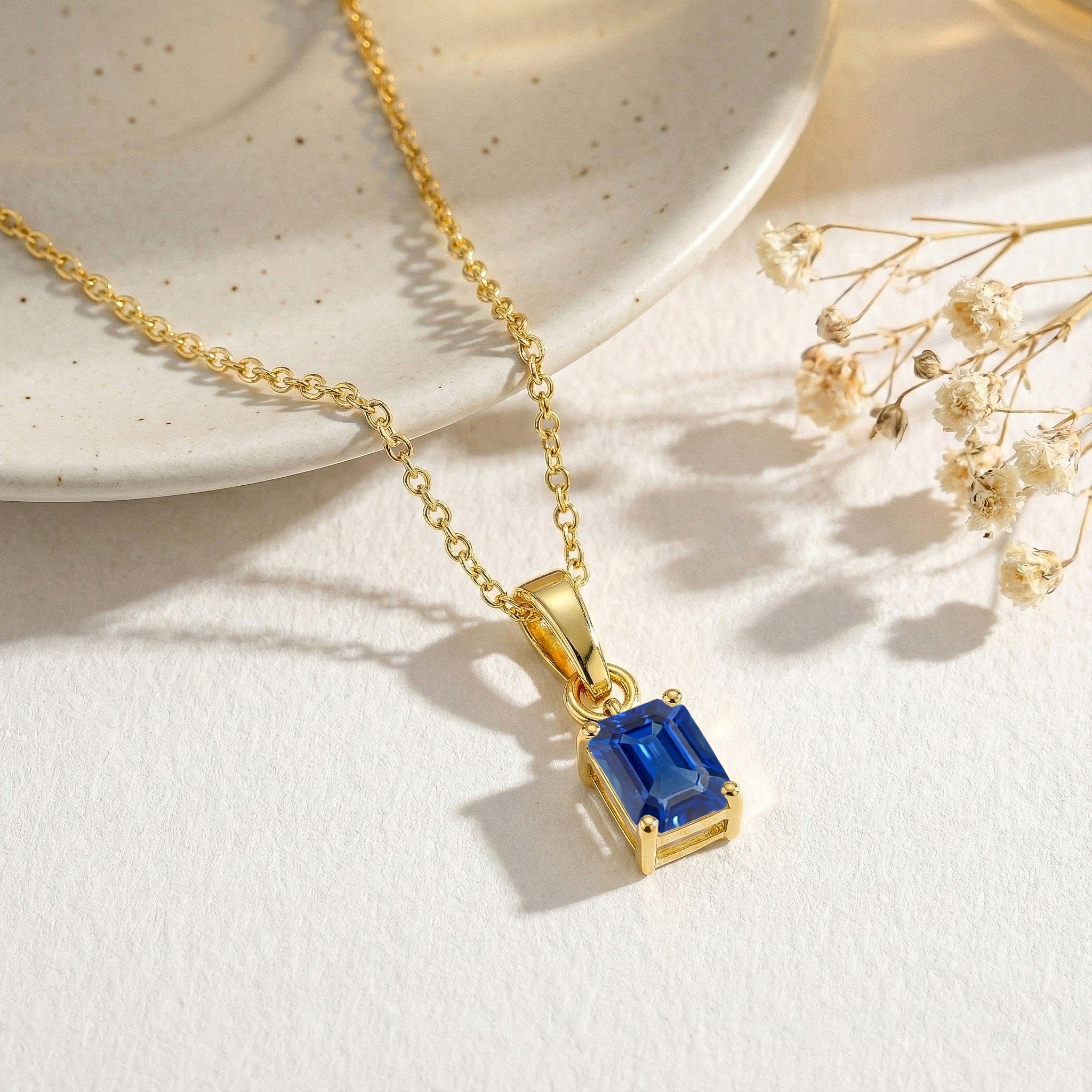 Blue Sapphire Octagon Solitaire Pendant Necklace in Yellow Gold Plated 9x7 MM 1.4ct