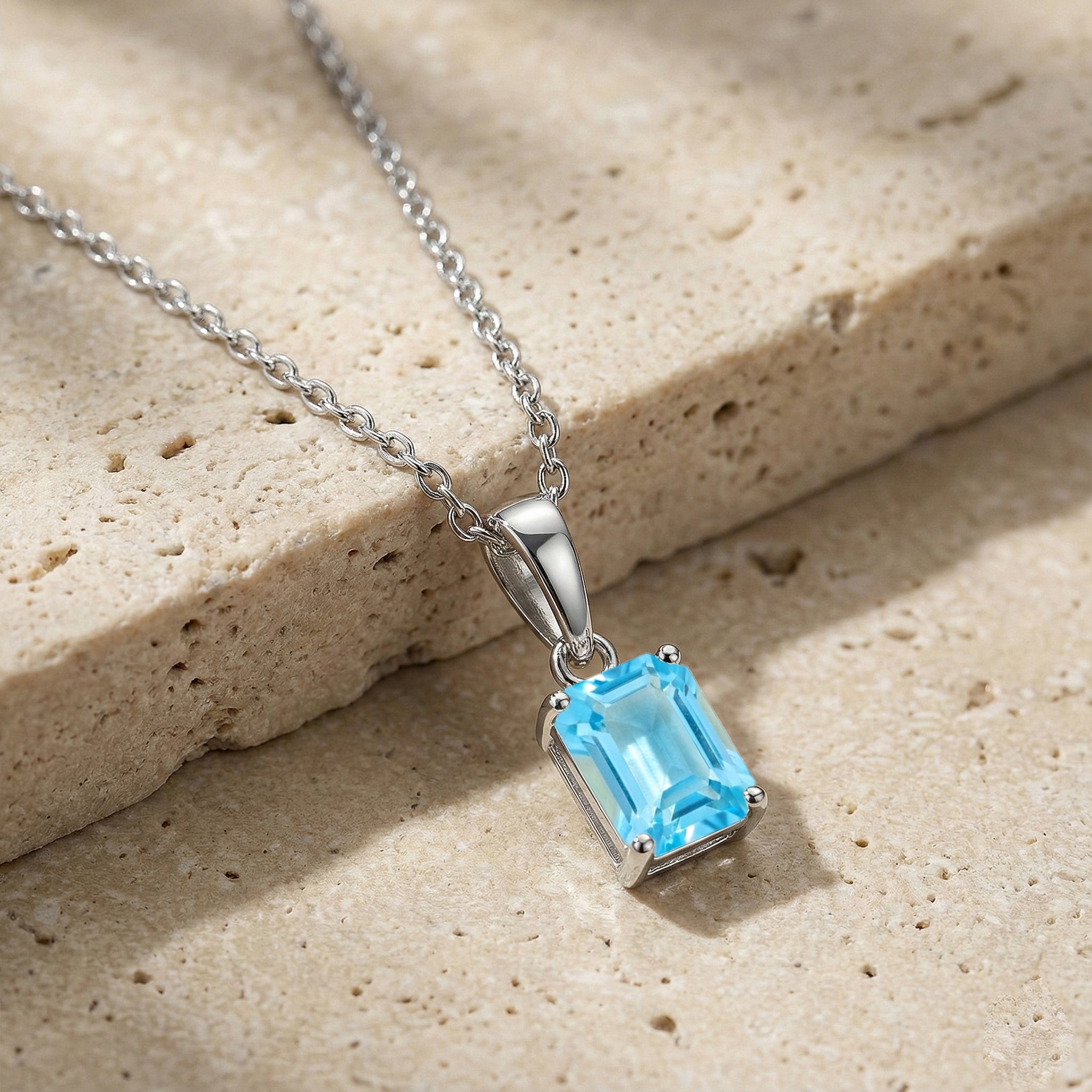 Blue Topaz Octagon Solitaire Pendant Necklace in 925 Sterling Silver 9x7 MM 1.4ct