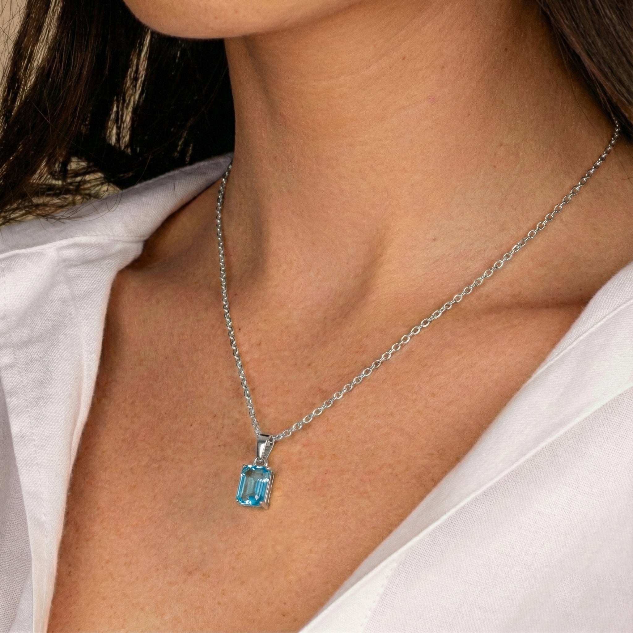 Blue Topaz Octagon Solitaire Pendant Necklace in 925 Sterling Silver 9x7 MM 1.4ct
