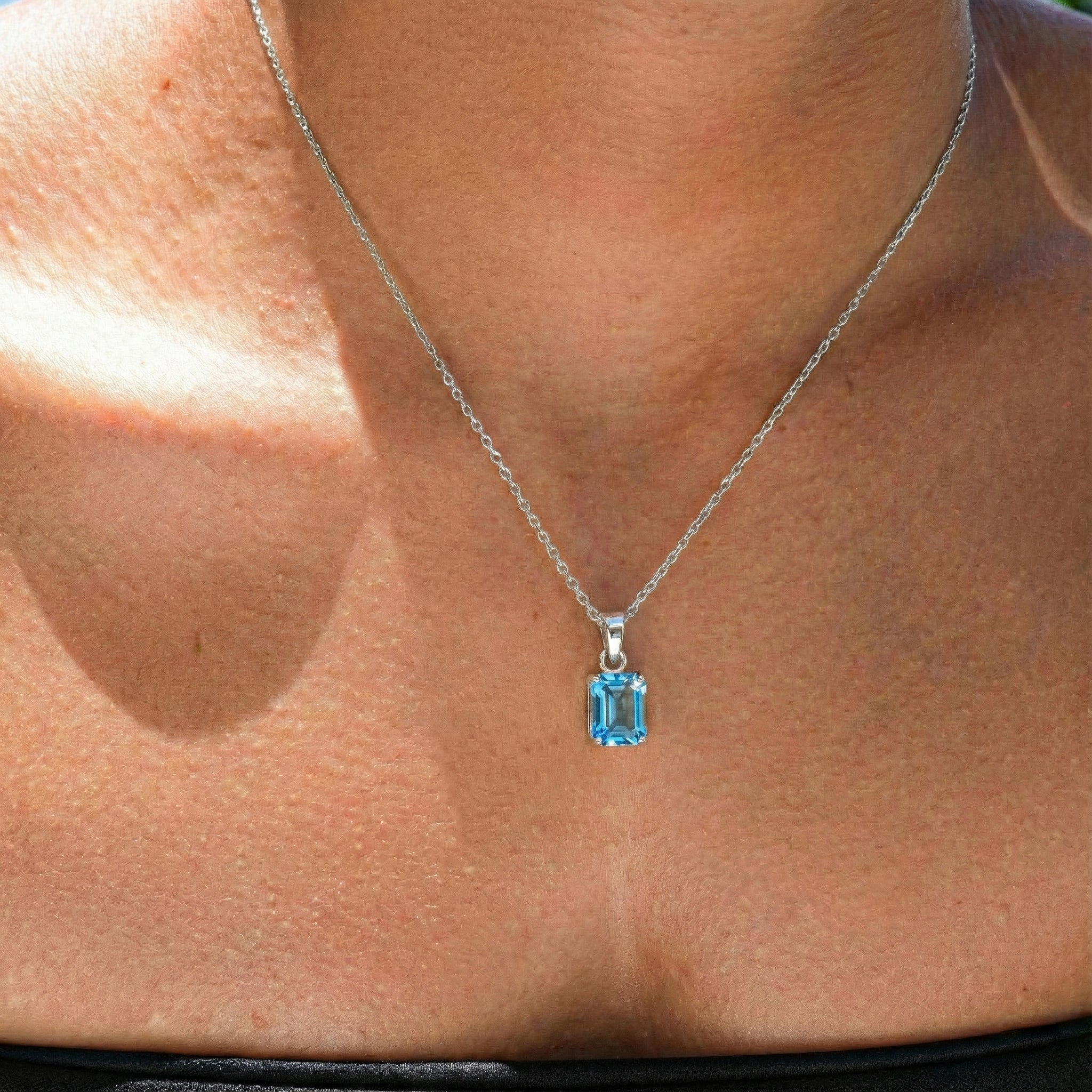 Blue Topaz Octagon Solitaire Pendant Necklace in 925 Sterling Silver 9x7 MM 1.4ct