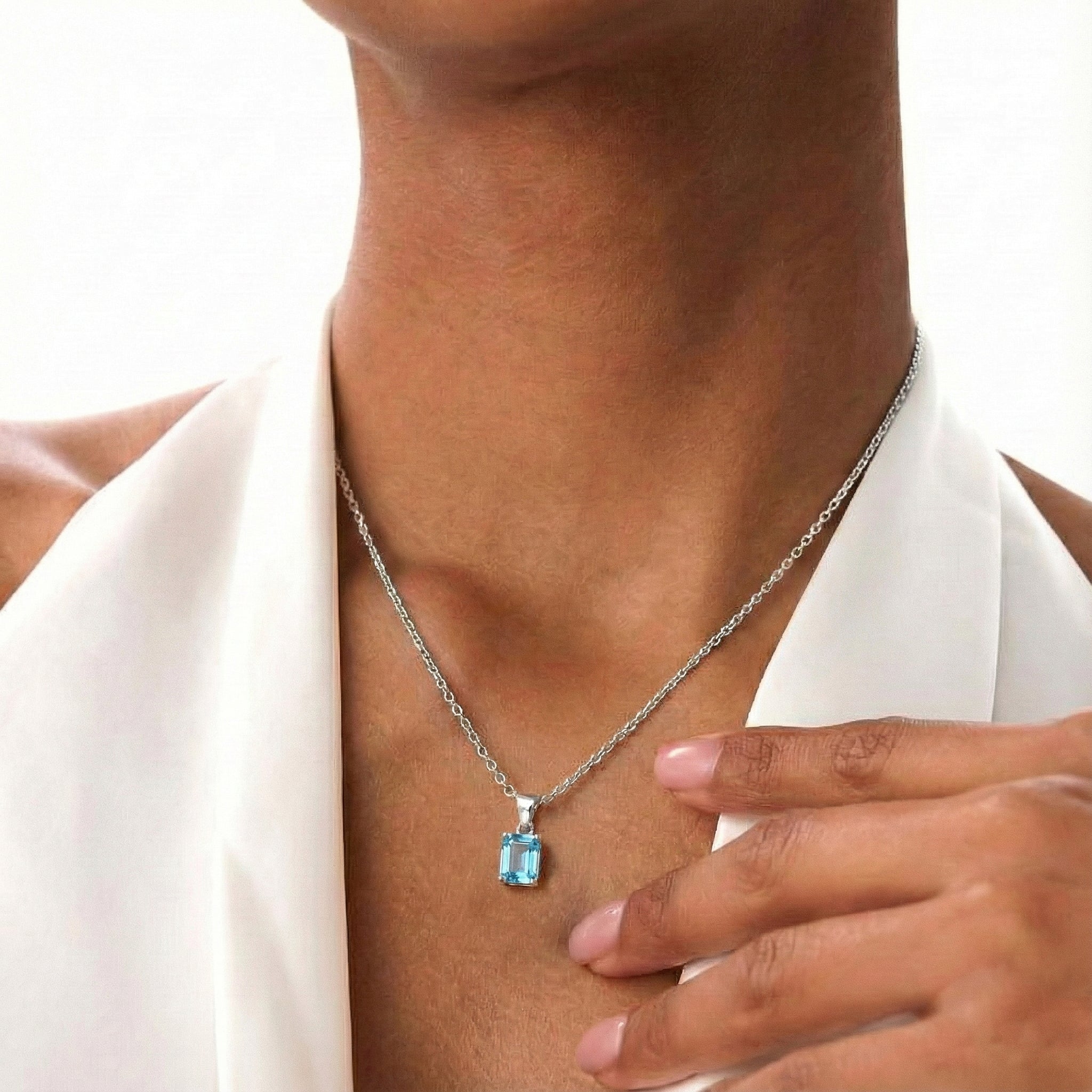 Blue Topaz Octagon Solitaire Pendant Necklace in 925 Sterling Silver 9x7 MM 1.4ct