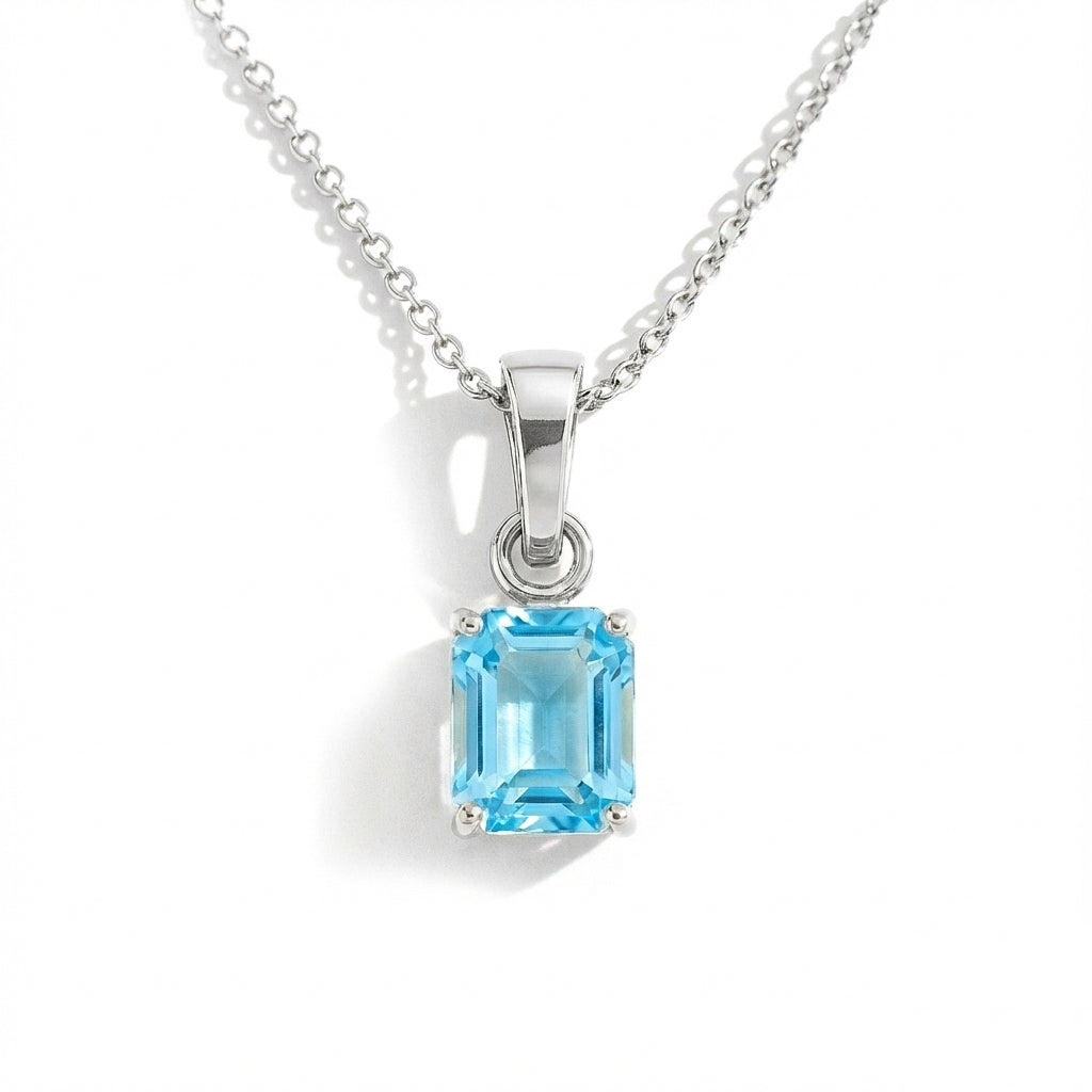 Blue Topaz Octagon Solitaire Pendant Necklace in 925 Sterling Silver 9x7 MM 1.4ct