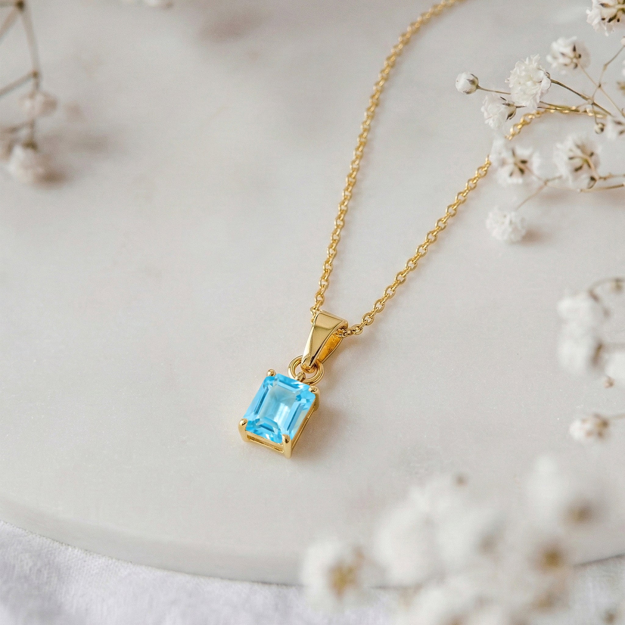 Blue Topaz Octagon Solitaire Pendant Necklace in Yellow Gold Plated 9x7 MM 1.4ct