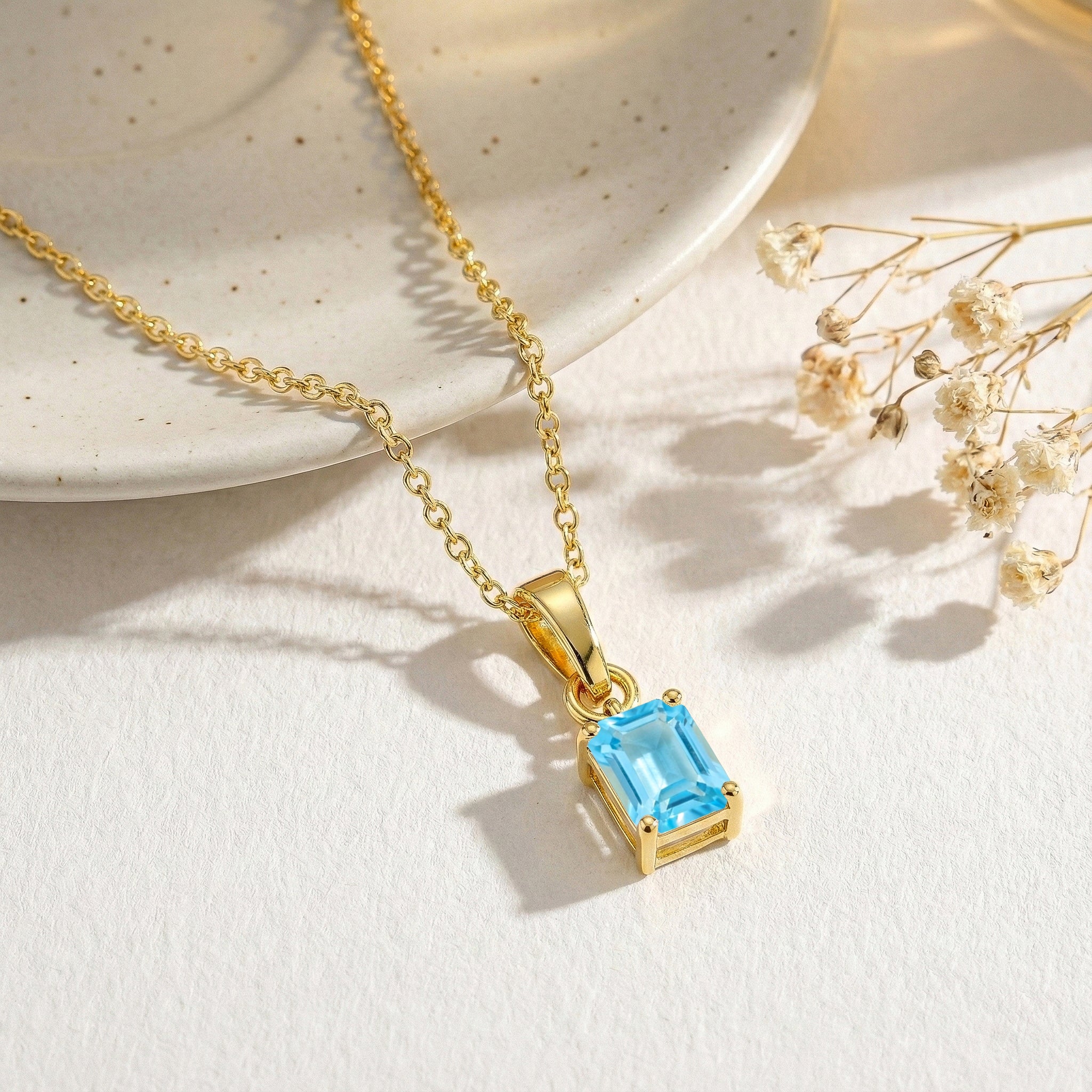 Blue Topaz Octagon Solitaire Pendant Necklace in Yellow Gold Plated 9x7 MM 1.4ct