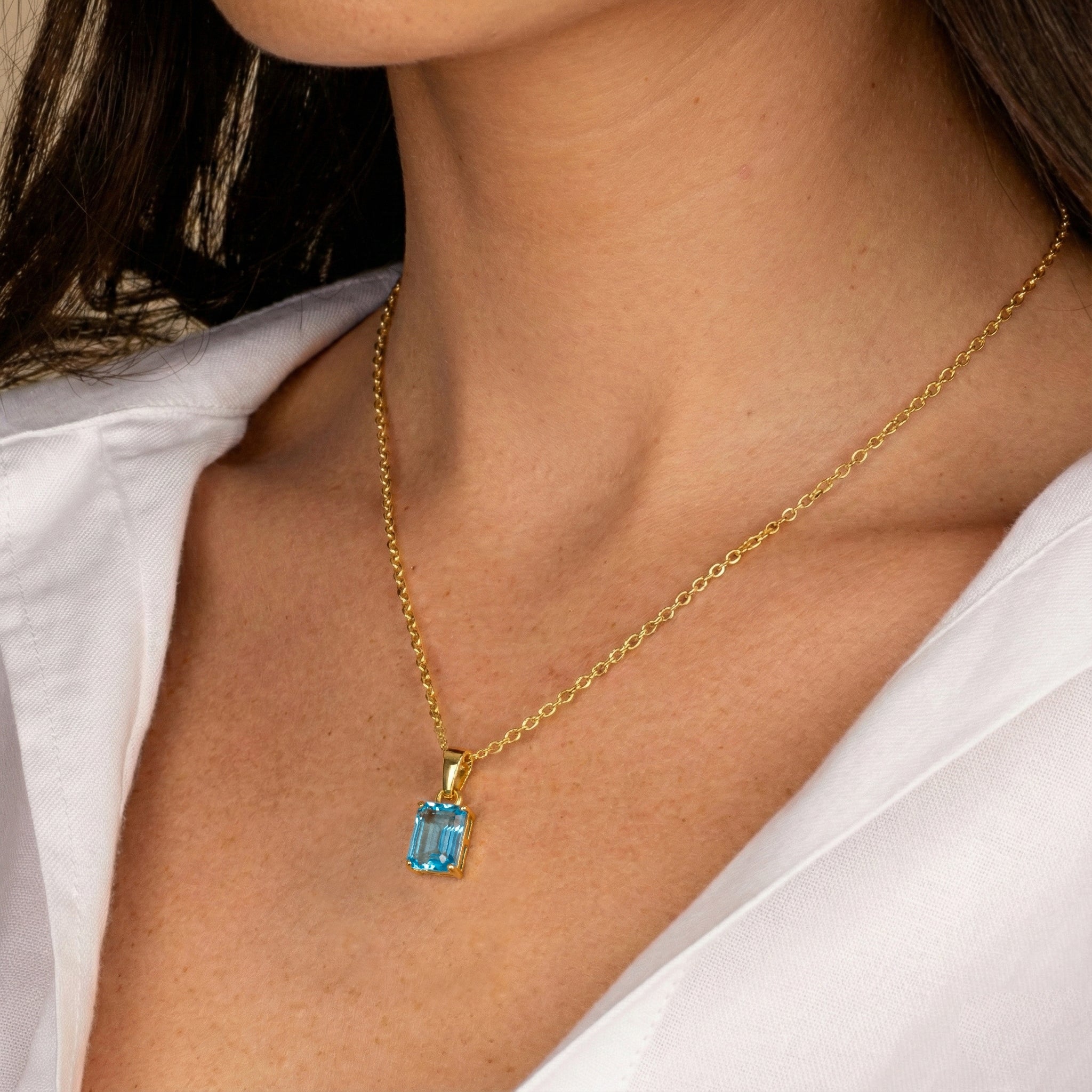 Blue Topaz Octagon Solitaire Pendant Necklace in Yellow Gold Plated 9x7 MM 1.4ct