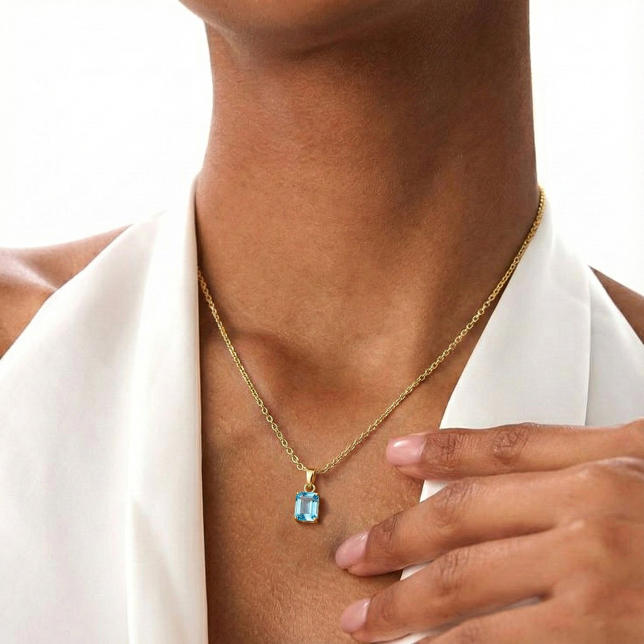 Blue Topaz Octagon Solitaire Pendant Necklace in Yellow Gold Plated 9x7 MM 1.4ct