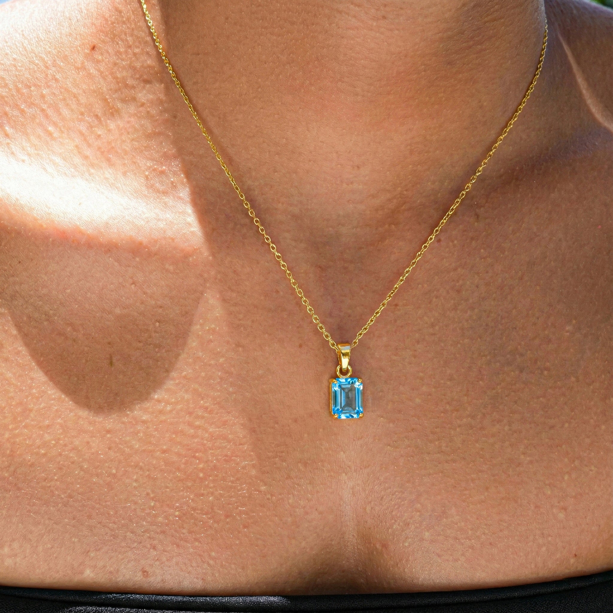 Blue Topaz Octagon Solitaire Pendant Necklace in Yellow Gold Plated 9x7 MM 1.4ct