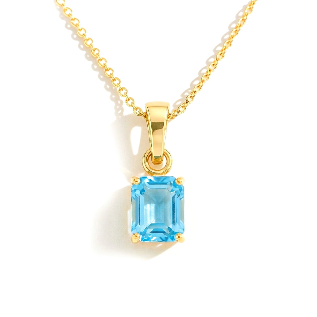 Blue Topaz Octagon Solitaire Pendant Necklace in Yellow Gold Plated 9x7 MM 1.4ct