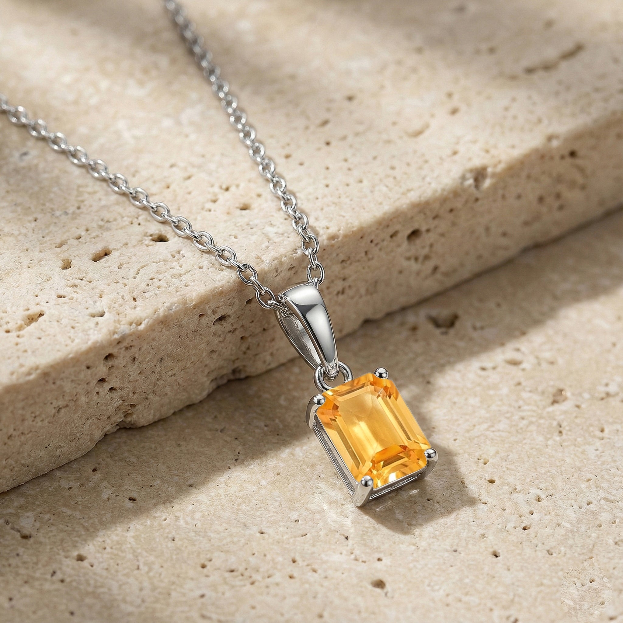Citrine Octagon Solitaire Pendant Necklace in 925 Sterling Silver 9x7 MM 1.4ct